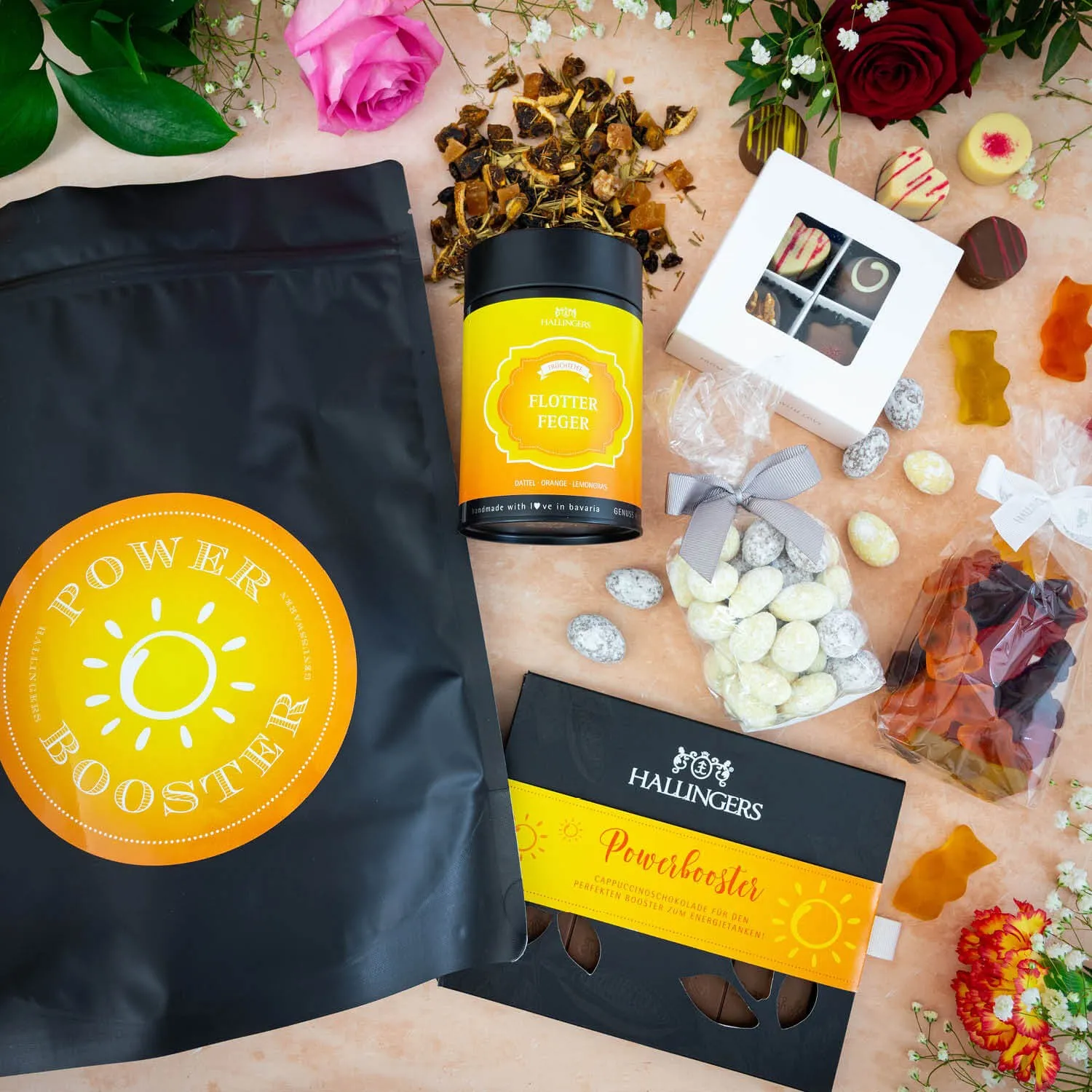 Power Booster XXL (großes Mitbringsel Schokolade, Mandeln, Fruchtsaftbärchen, Pralinen & Tee) - Feinkost-Set, XXL-Wundertüte Gourmet