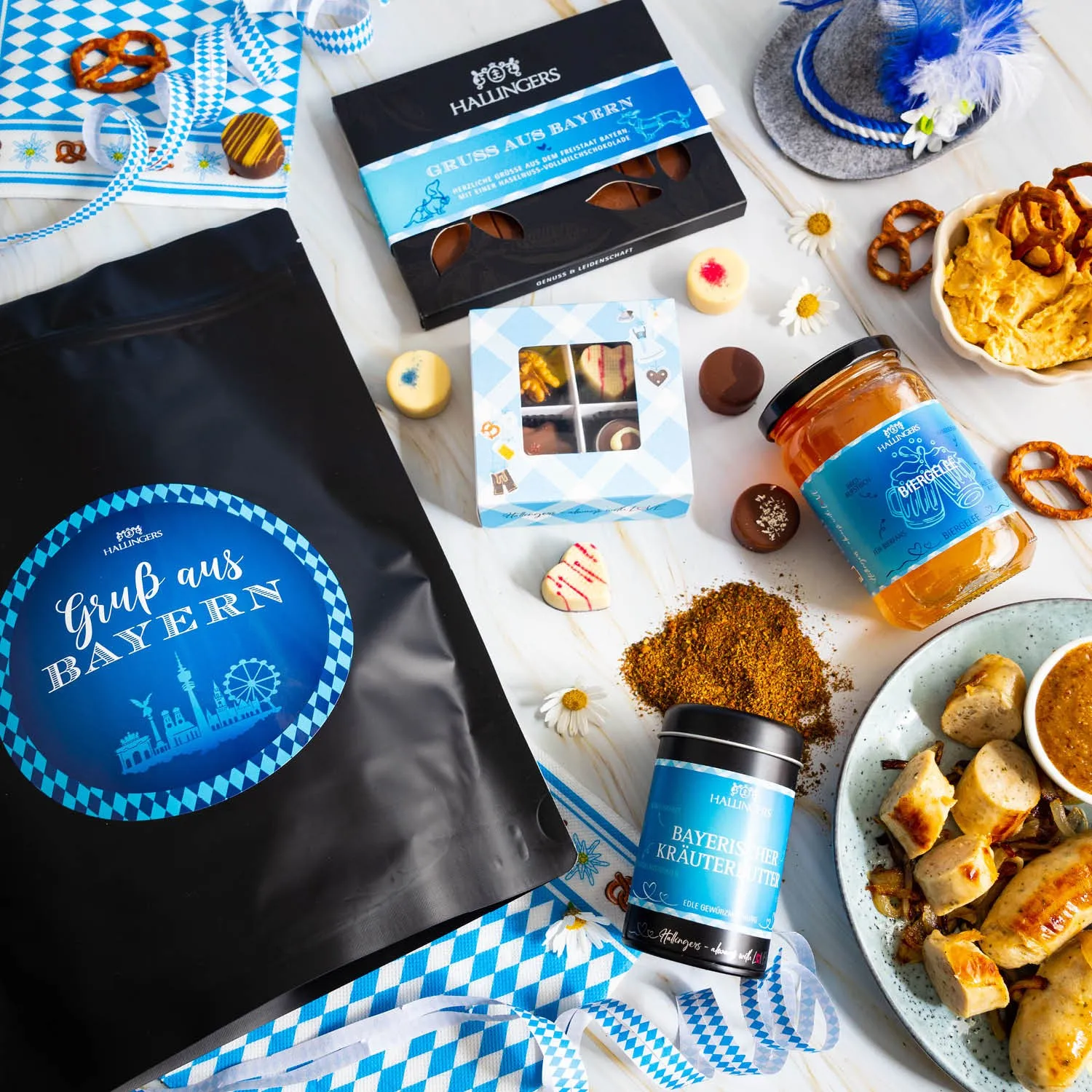 Gruß aus Bayern XXL (großes Mitbringsel Schoklade, 4er Pralinen, Kräuterbutter & Biergelée) - Feinkost-Set, XXL-Wundertüte Gourmet