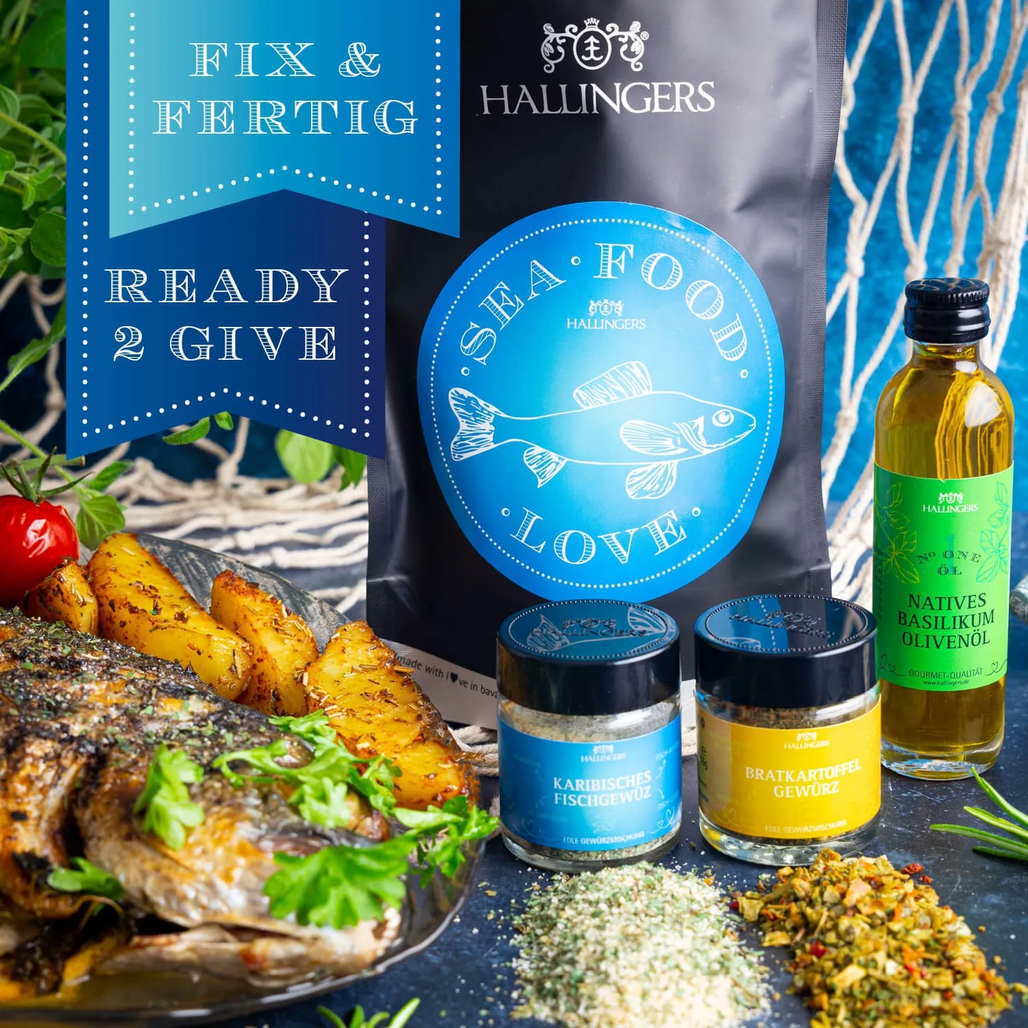 BESONDERS STATT GEWÖHNLICH - Edition \Sea Food\: Während andere auf Masse setzen, entsteht echter Feinkost-Genuss durch perfekt abgestimmte Spezialitäten (kleines Grillparty Mitbringsel Olivenöl, Bratkartoffel- & Fischgewürz)