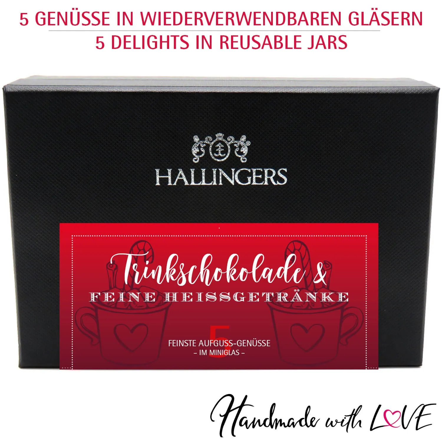 Trinkschokolade & feine Heißgetränke (Mitbringsel  Trinkschokis & Gewürze) - Trinkschokolade-Set, 5x Miniglas Geschenkbox