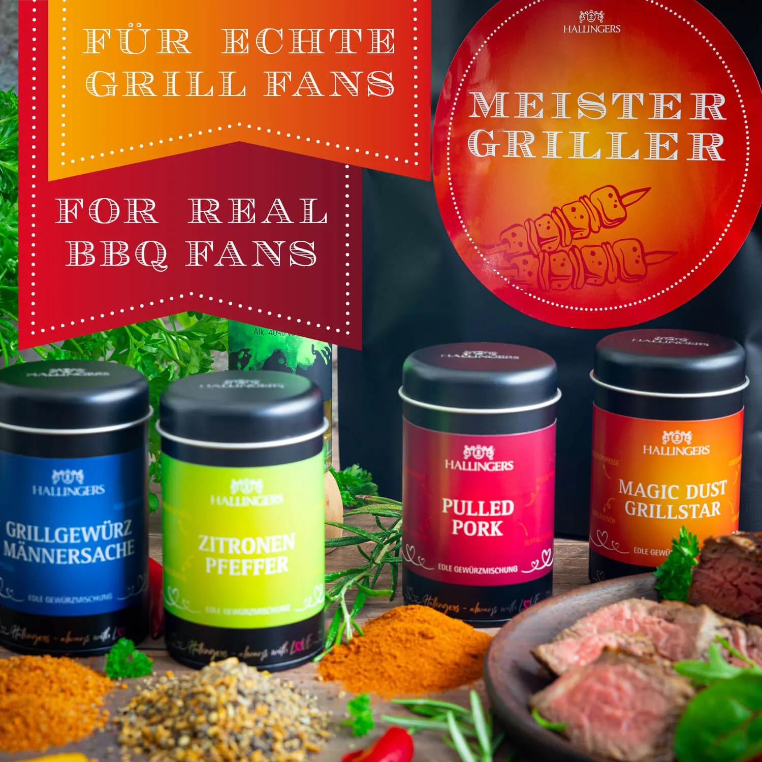 BESONDERS STATT GEWÖHNLICH - Edition \Meistergriller\: Während andere auf Masse setzen, entsteht echter Feinkost-Genuss durch perfekt abgestimmte Spezialitäten (großes Grillparty-Mitbringsel Haselnusslikör, Gewürz, Magic Dust & Pfeffer)