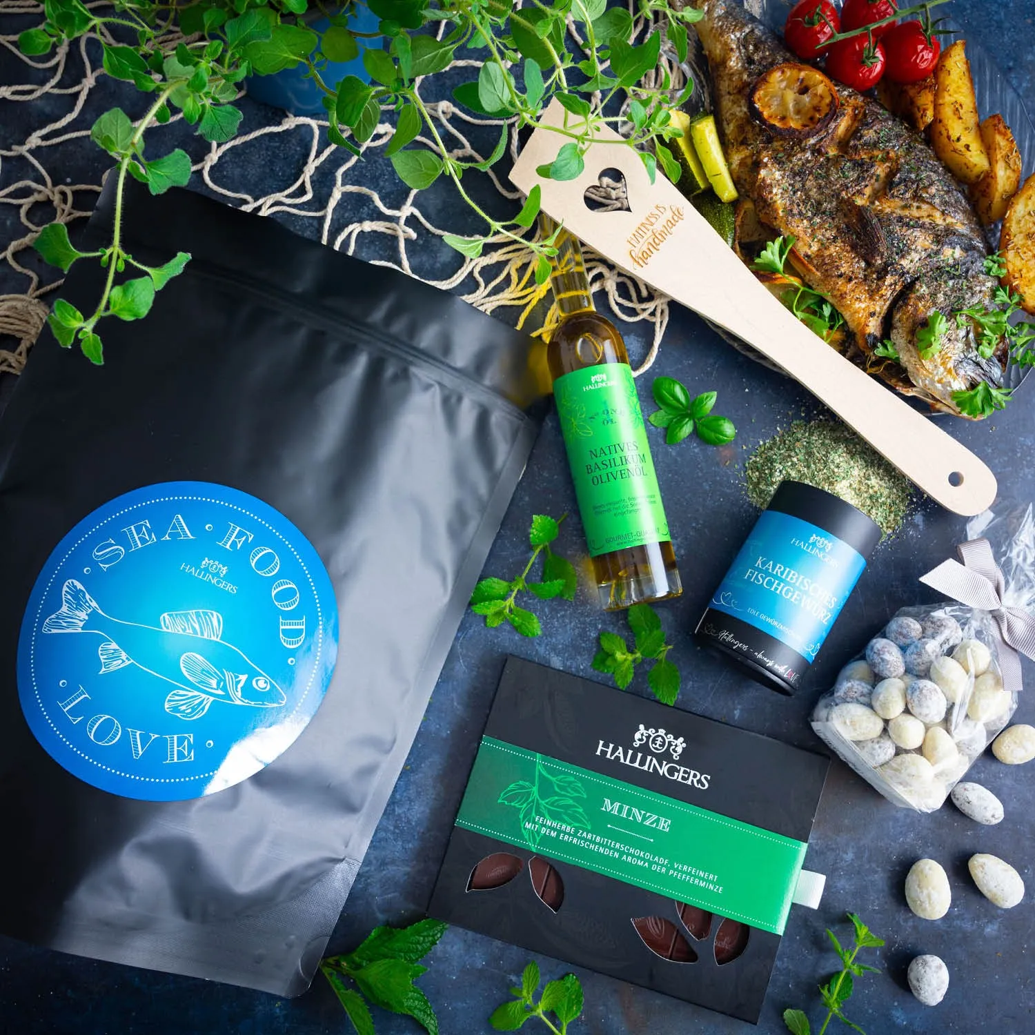 Sea Food XXL (großes Grillparty-Mitbringsel Schoki, Fischgewürz, Olivenöl, Nougat & mehr) - Feinkost-Set, XXL-Wundertüte Gourmet