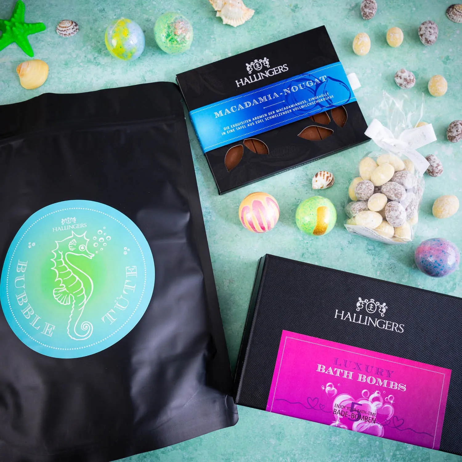 Bubble Tüte XXL (großes Badeparty Mitbringsel Badebomben, Nougat-Mandeln & Schokolade) - Badesalz-Set, Badezusatz XXL-Wundertüte