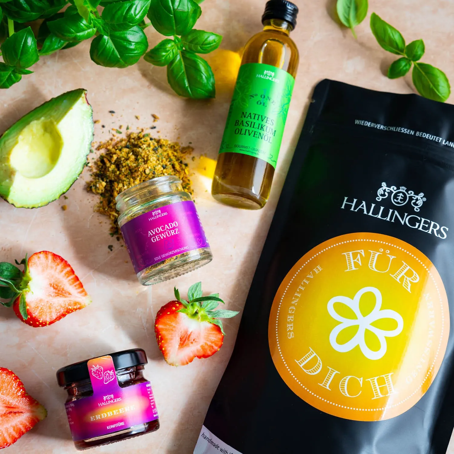 Für Dich (kleiner Liebesgruß Avocado-Gewürz BasilikumOlivenöl & Erdbeerkonfitüre) - Feinkost-Set, Gourmet-Auswahl Wundertüte