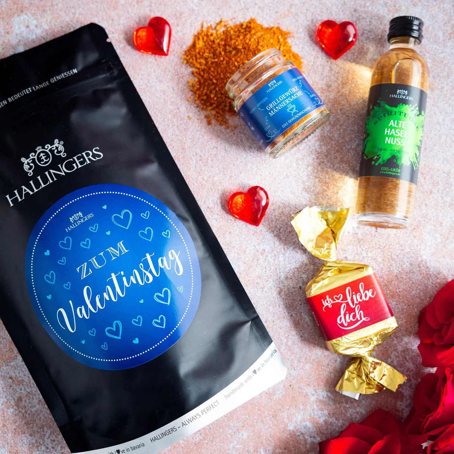 Zum Valentinstag blue (kleiner Liebesgruß Nougat-Busserl, Nuss-Likör & Grill-Gewürz) - Feinkost-Set, Gourmet-Auswahl Wundertüte