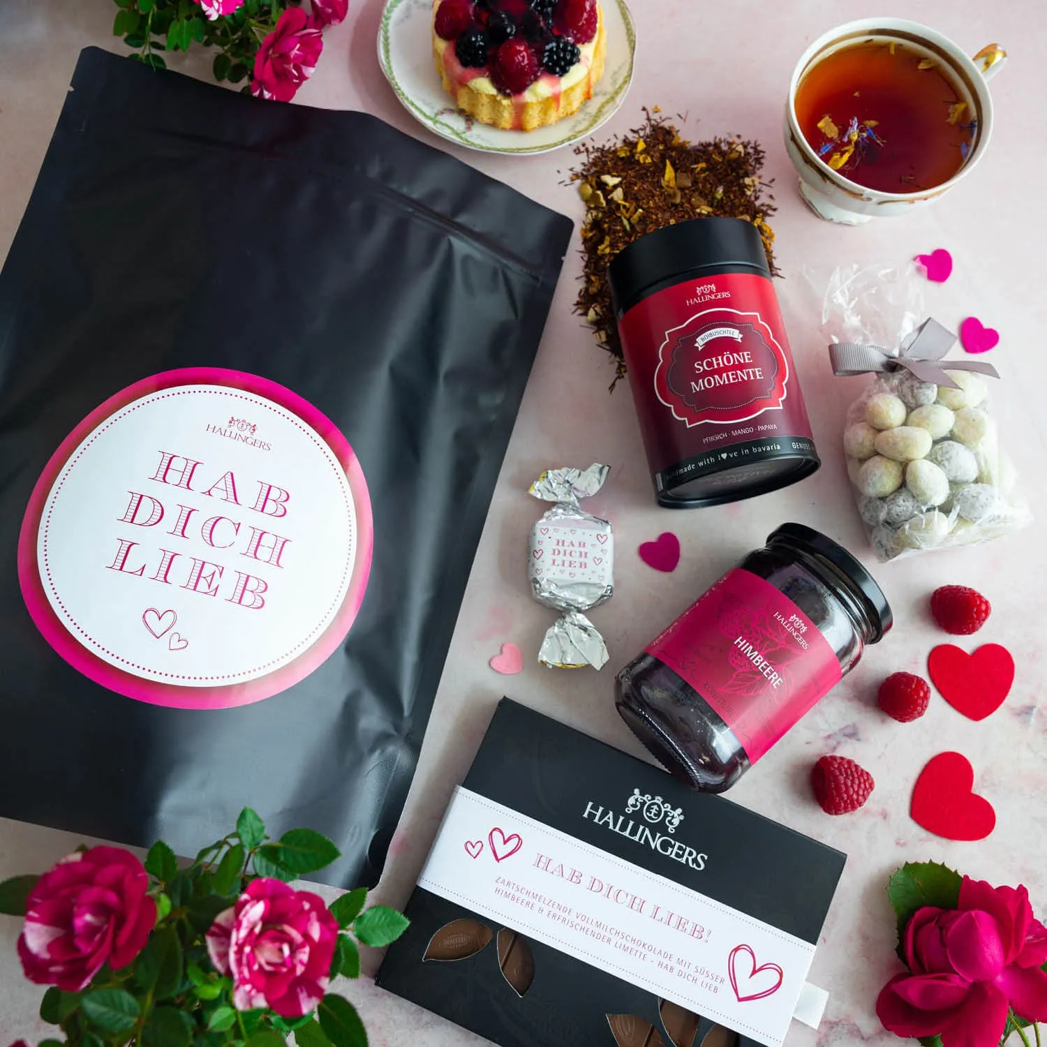 Hab Dich lieb XXL (großer Liebesgruß Konfitüre, Tee, Nougat-Busserl, Mandeln, Schoki & mehr) - Feinkost-Set, XXL-Wundertüte Gourmet