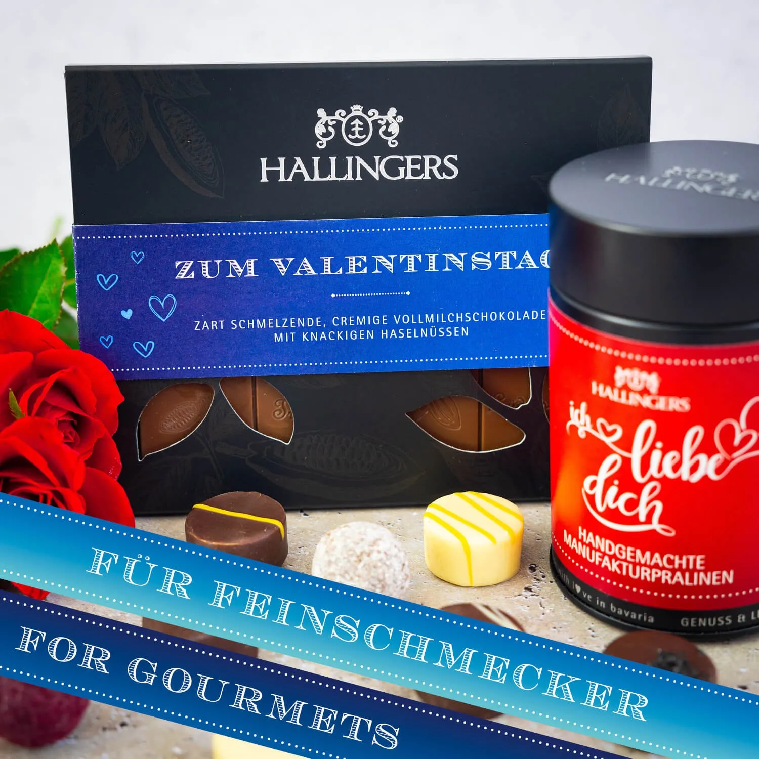 BESONDERS STATT GEWÖHNLICH - Edition \Zum Valentinstag blue\: Während andere auf Masse setzen, entsteht echter Feinkost-Genuss durch perfekt abgestimmte Spezialitäten (großer Liebesgruß Haselnuss-Likör Nougat Pralinen Schokolade & Gewürz)