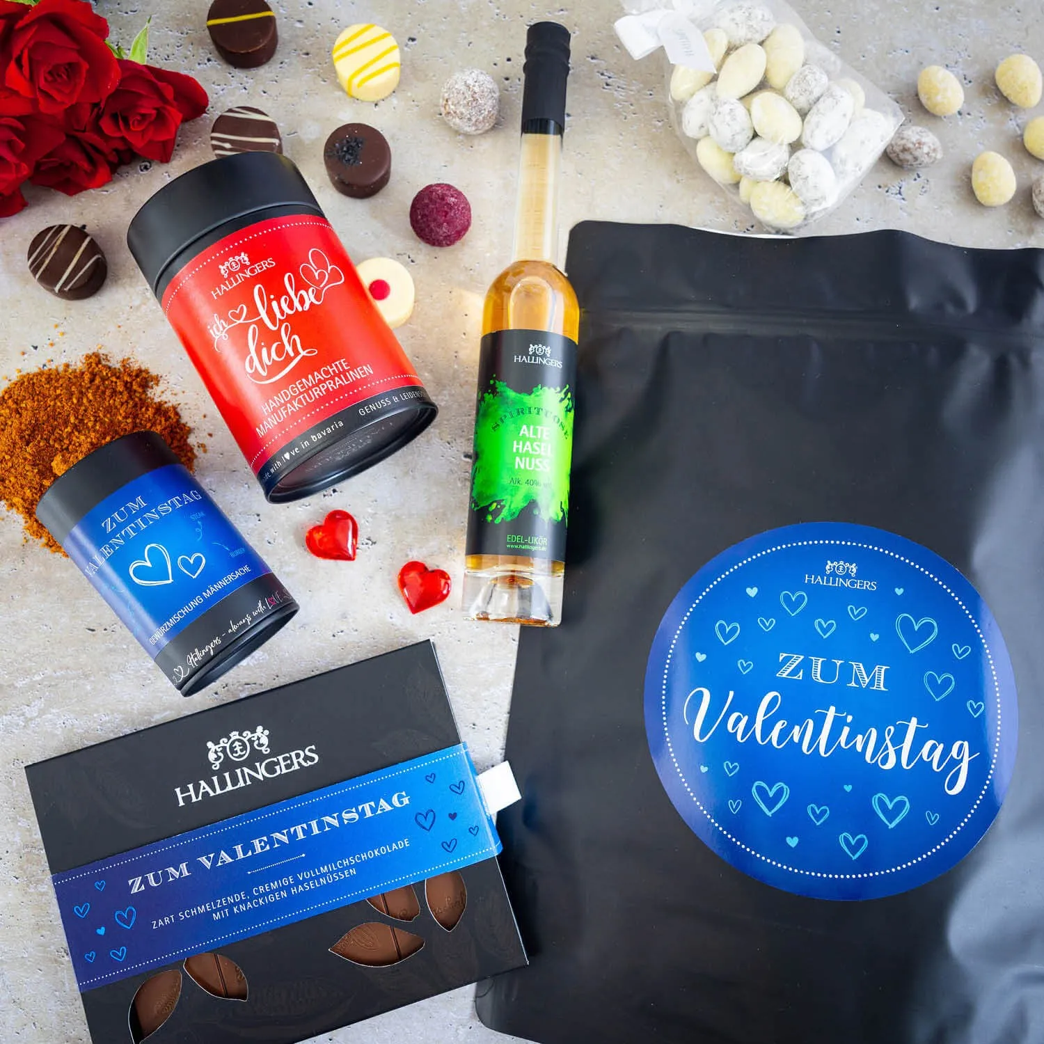 Zum Valentinstag blue XXL (großer Liebesgruß Haselnuss-Likör Nougat Pralinen Schokolade & Gewürz) - Feinkost-Set, XXL-Wundertüte Gourmet