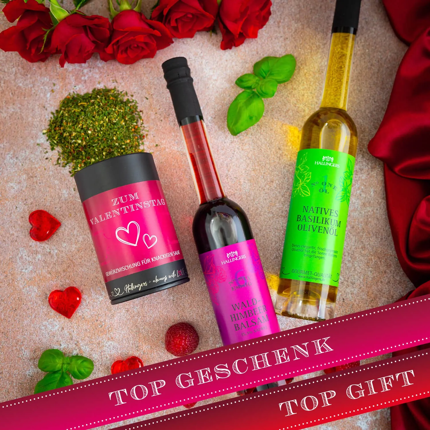 BESONDERS STATT GEWÖHNLICH - Edition \Zum Valentinstag pink\: Während andere auf Masse setzen, entsteht echter Feinkost-Genuss durch perfekt abgestimmte Spezialitäten (großer Liebesgruß Pralinen Gewürz Olivenöl Himbeeressig & Schokolade)