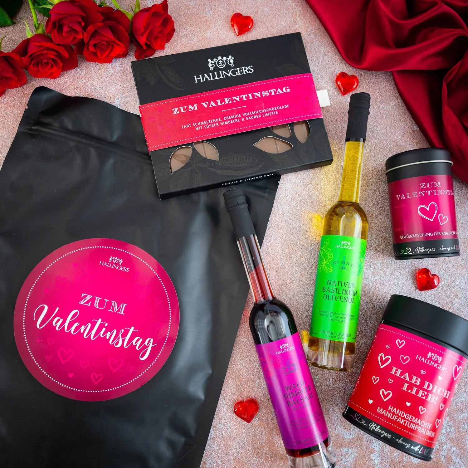 Zum Valentinstag pink XXL (großer Liebesgruß Pralinen Gewürz Olivenöl Himbeeressig & Schokolade) - Feinkost-Set, XXL-Wundertüte Gourmet