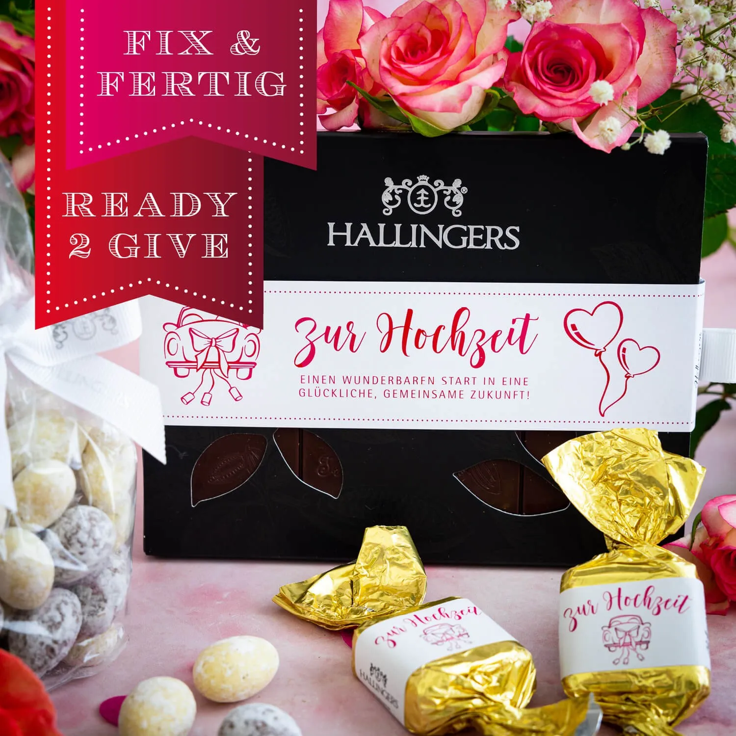 BESONDERS STATT GEWÖHNLICH - Edition \Zur Hochzeit\: Während andere auf Masse setzen, entsteht echter Feinkost-Genuss durch perfekt abgestimmte Spezialitäten (großer Liebesgruß Konfitüre, Nougat-Busserl, Mandeln & Tafel Schokolade)