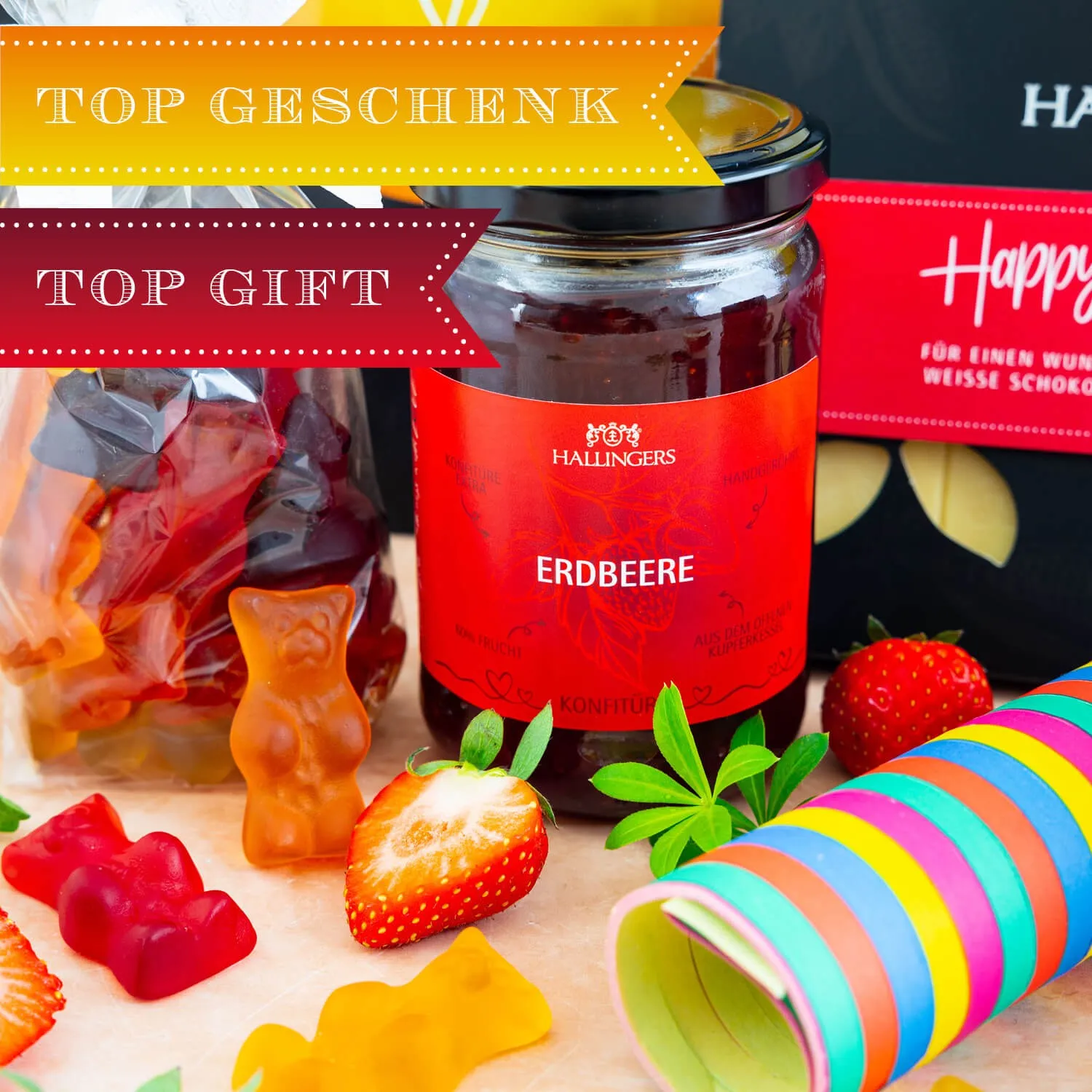 BESONDERS STATT GEWÖHNLICH - Edition \Happy Birthday yellow\: Während andere auf Masse setzen, entsteht echter Feinkost-Genuss durch perfekt abgestimmte Spezialitäten (großer Geburtstagsgruß Konfitüre, Eistee, Schoki, Fruchtsaftbären & mehr)