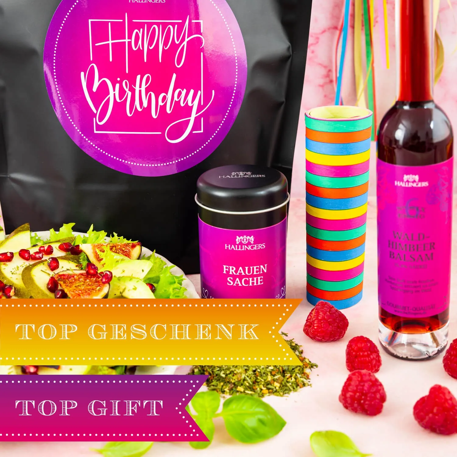 BESONDERS STATT GEWÖHNLICH - Edition \Happy Birthday pink\: Während andere auf Masse setzen, entsteht echter Feinkost-Genuss durch perfekt abgestimmte Spezialitäten (großer Geburtstagsgruß Essig, Gewürz, Eistee, Pralinen, Schokolade & mehr)