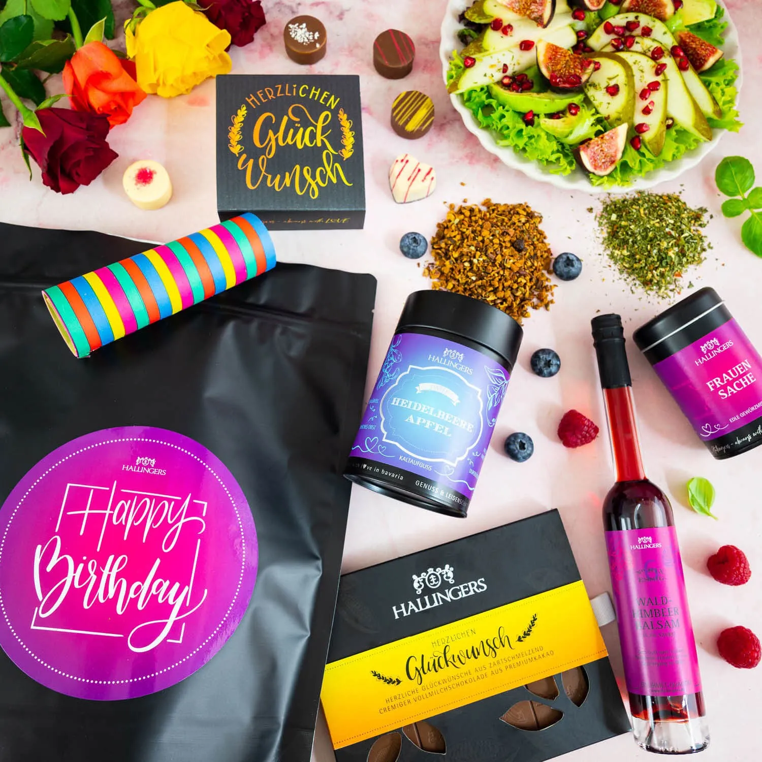 Happy Birthday pink XXL (großer Geburtstagsgruß Essig, Gewürz, Eistee, Pralinen, Schokolade & mehr) - Feinkost-Set, XXL-Wundertüte Gourmet