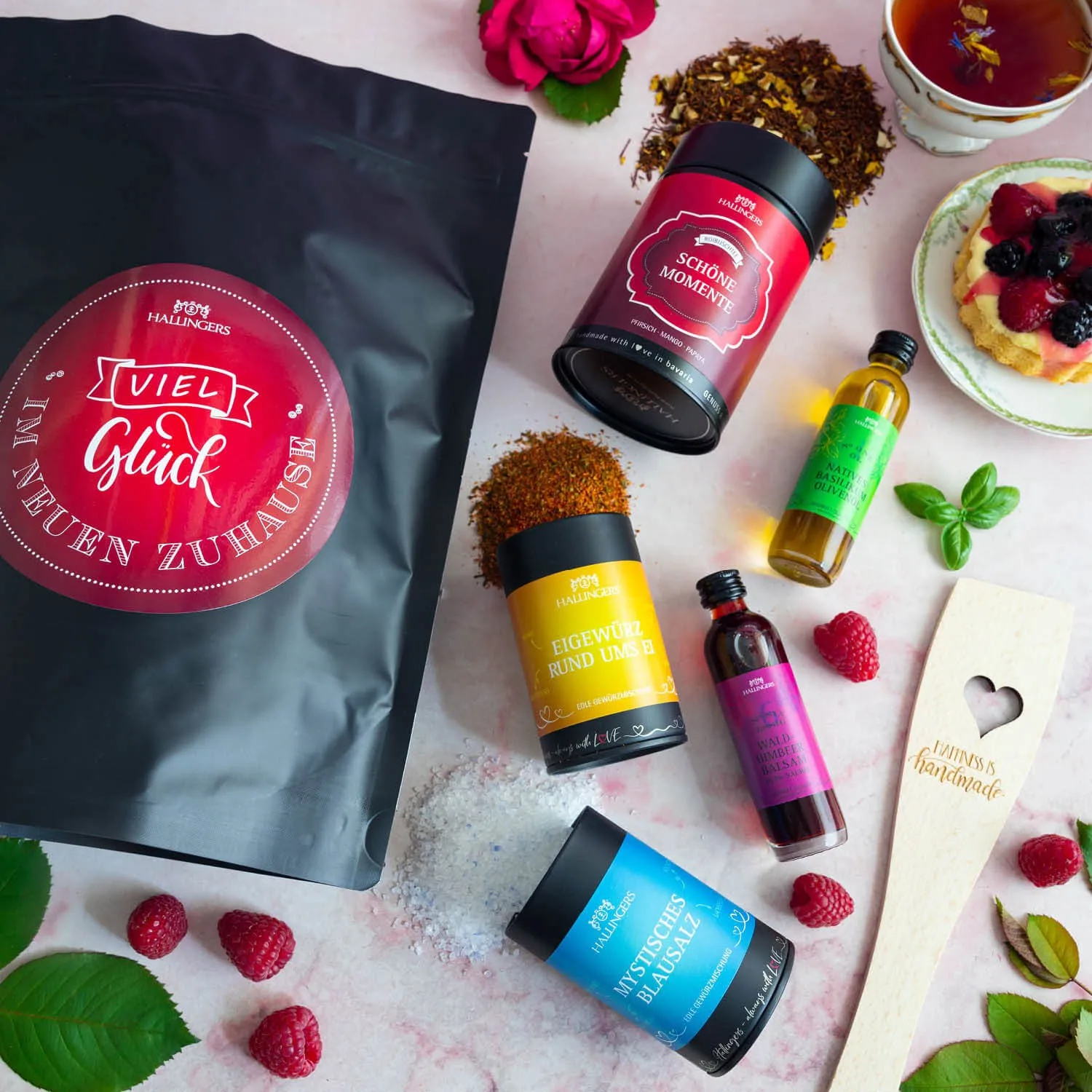 Viel Glück im neuen Zuhause XXL (großer Einzugsgruß Olivenöl, Essig, Gewürz, Salz, Tee & Pfannenwender) - Feinkost-Set, XXL-Wundertüte Gourmet