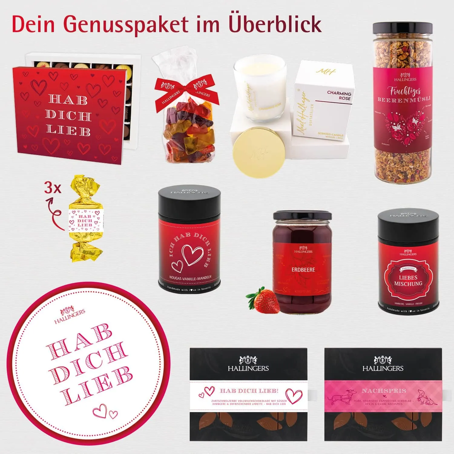 Hab dich lieb (großer Liebesgruß Nougat, Tee, Pralien, Duftkerze, Konfitüre & viel mehr) - Feinkost-Set, XXL-Geschenkkorb Gourmet