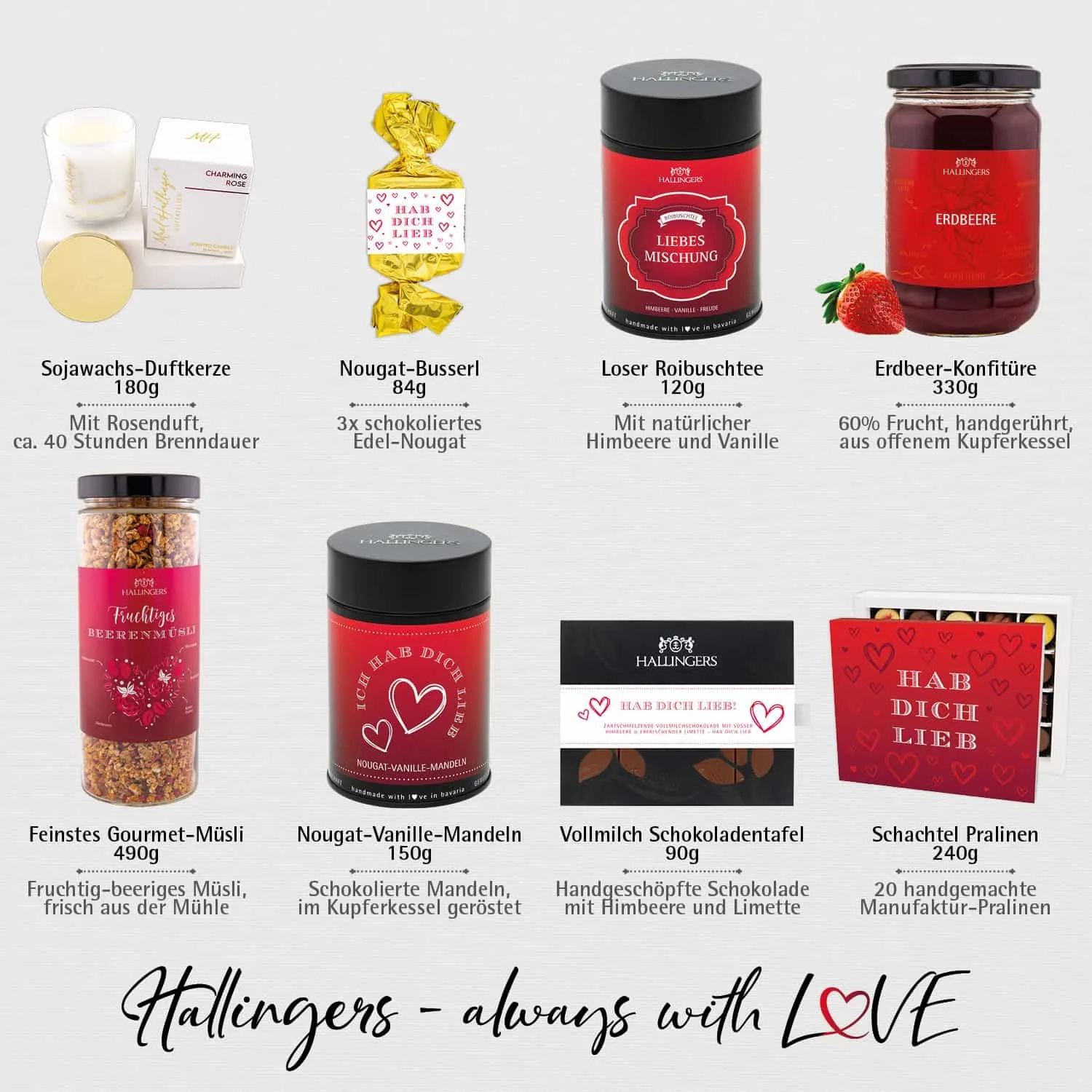 Hab dich lieb (großer Liebesgruß Nougat, Tee, Pralien, Duftkerze, Konfitüre & viel mehr) - Feinkost-Set, XXL-Geschenkkorb Gourmet