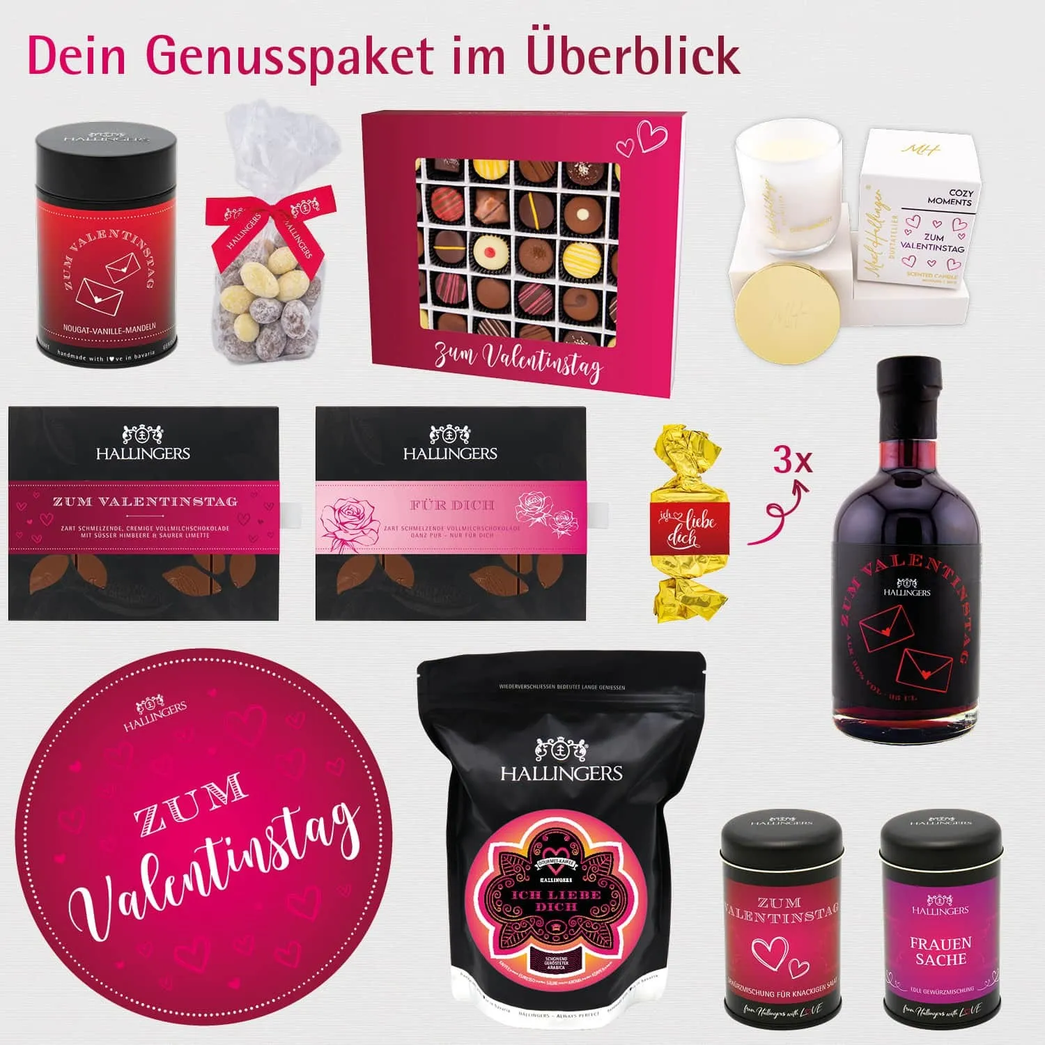 Zum Valentinstag pink (großer Liebesgruß Likör, Pralinen, Nougat, Schoki, Duftkerze & mehr) - Feinkost-Set, XXL-Geschenkkorb Gourmet