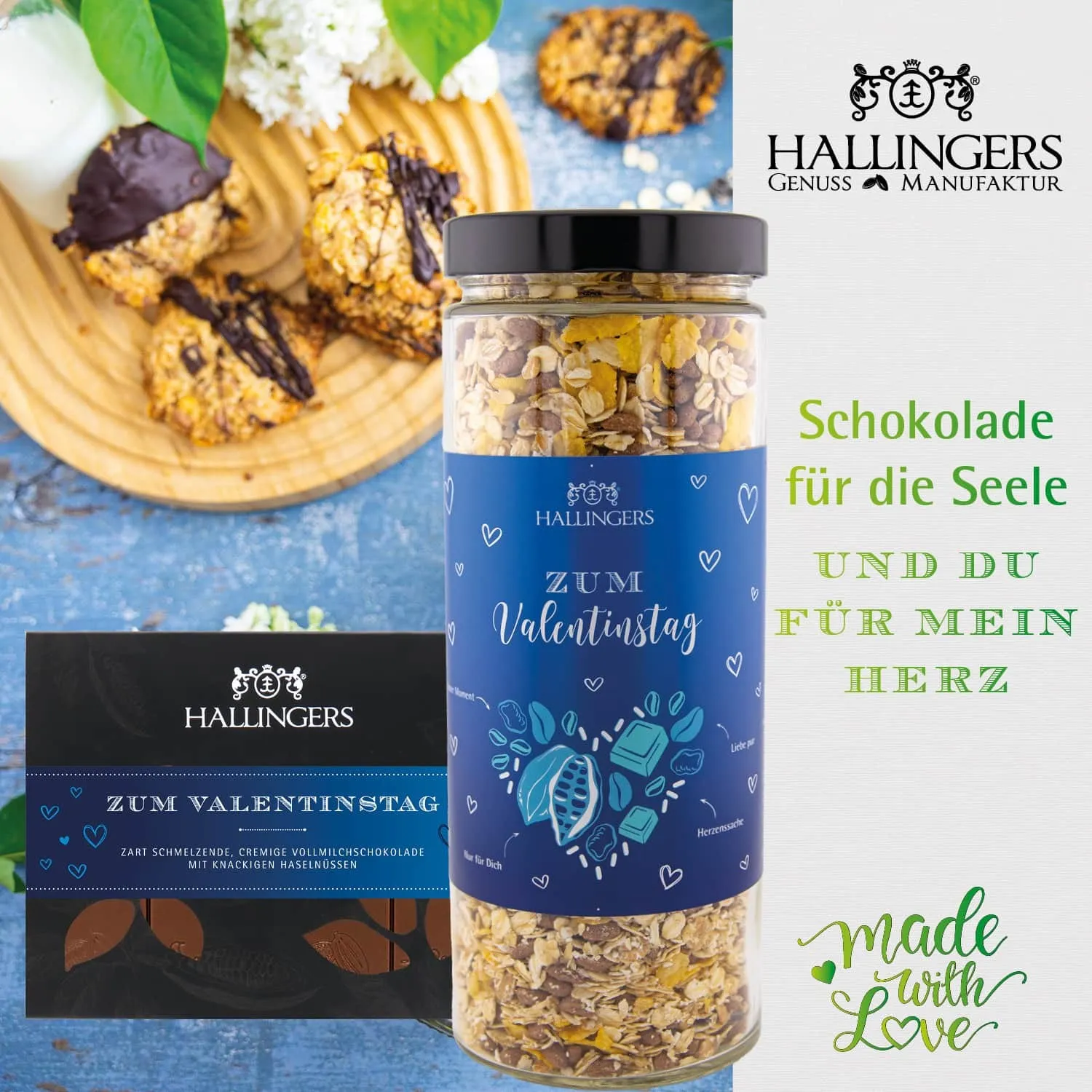 Zum Valentinstag blue (großer Liebesgruß Likör Müsli Nougat Pralinen Kaffee & mehr) - Feinkost-Set, XXL-Geschenkkorb Gourmet