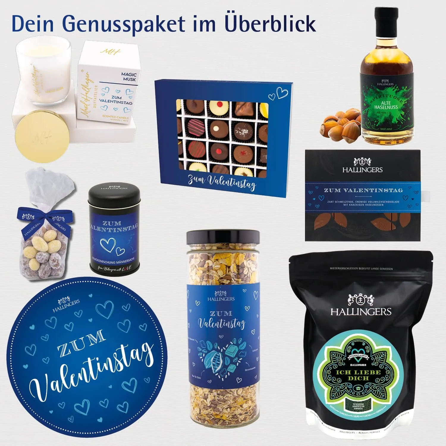 Zum Valentinstag blue (großer Liebesgruß Likör Müsli Nougat Pralinen Kaffee & mehr) - Feinkost-Set, XXL-Geschenkkorb Gourmet