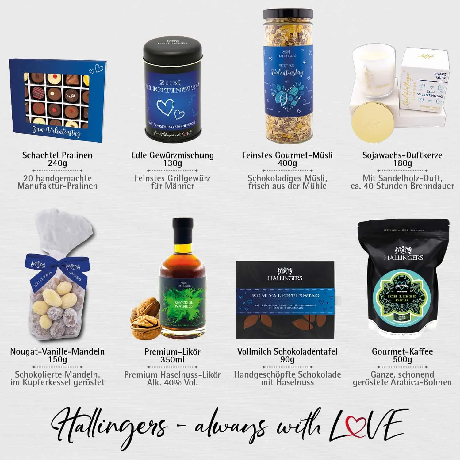 Zum Valentinstag blue (großer Liebesgruß Likör Müsli Nougat Pralinen Kaffee & mehr) - Feinkost-Set, XXL-Geschenkkorb Gourmet