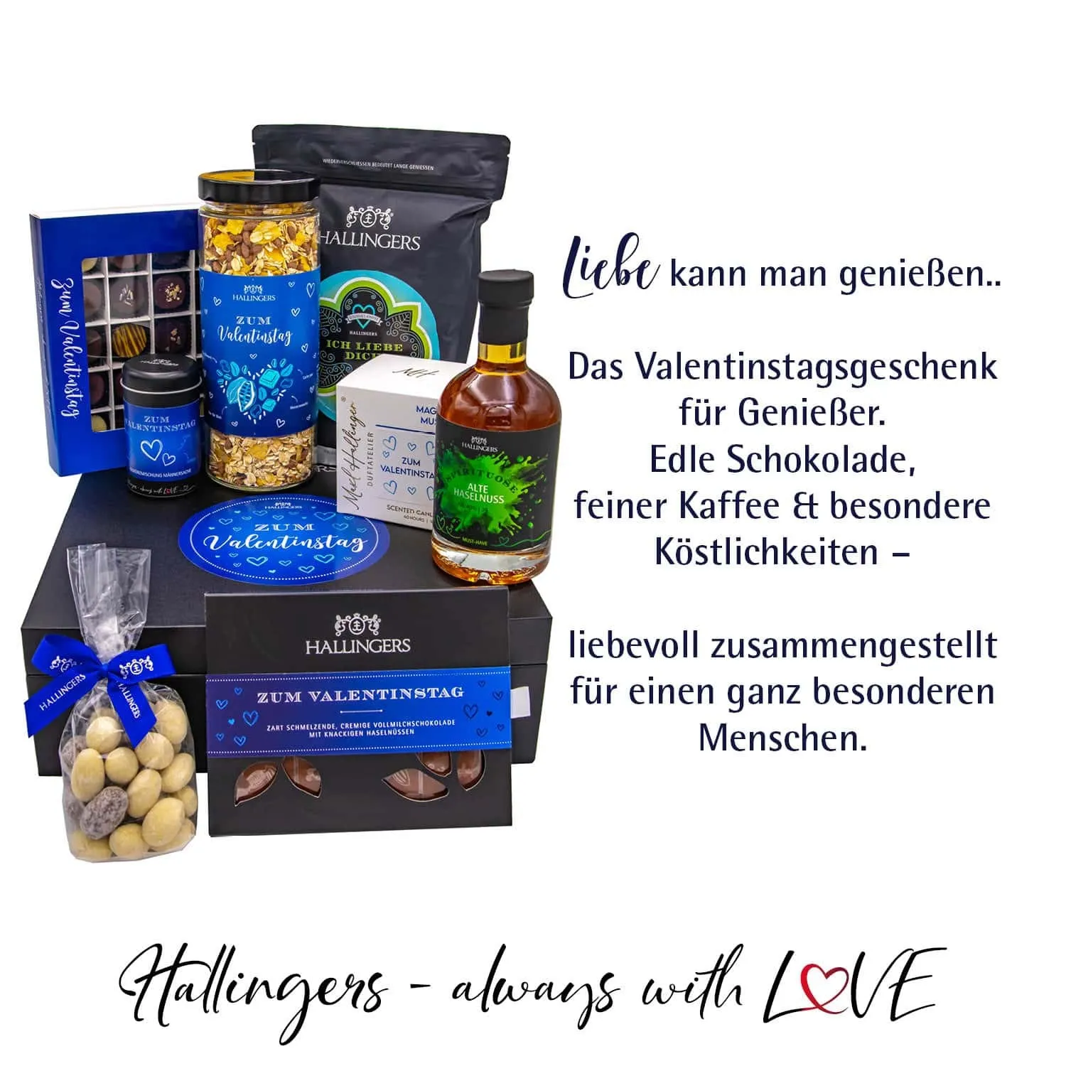 Zum Valentinstag blue (großer Liebesgruß Likör Müsli Nougat Pralinen Kaffee & mehr) - Feinkost-Set, XXL-Geschenkkorb Gourmet