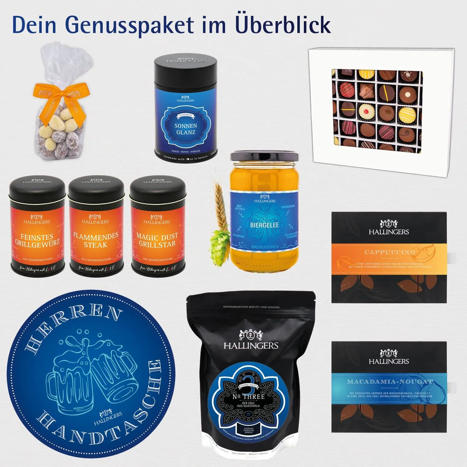 Herren Handtasche (große Selektion Schoki, Biergelée, Pralinen Nougat Kaffee Gewürze & mehr) - Feinkost-Set, XXL-Geschenkkorb Gourmet
