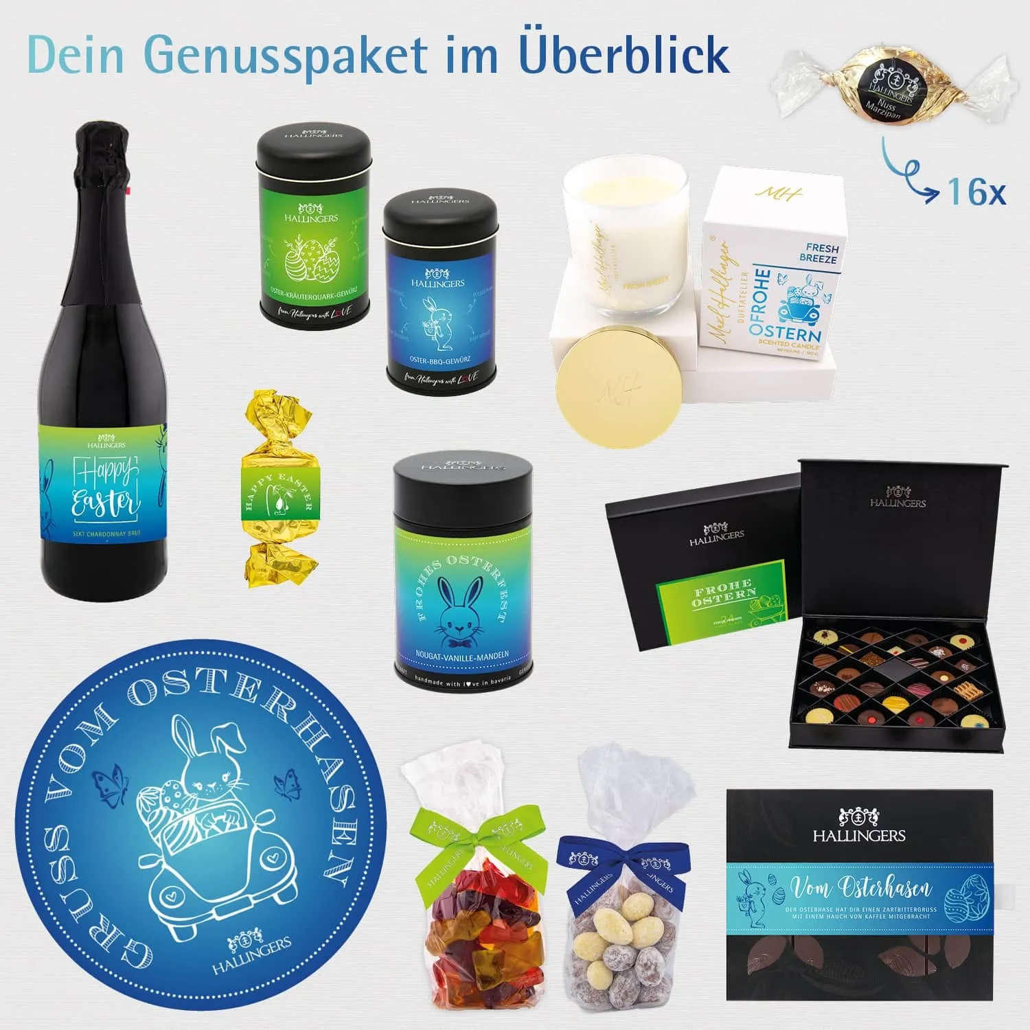 Gruß vom Osterhasen blue (großer Ostergruß Ostereier, Gewürz, Sekt, Schoki, Duftkerze & viel mehr) - Feinkost-Set, XXL-Geschenkkorb Gourmet