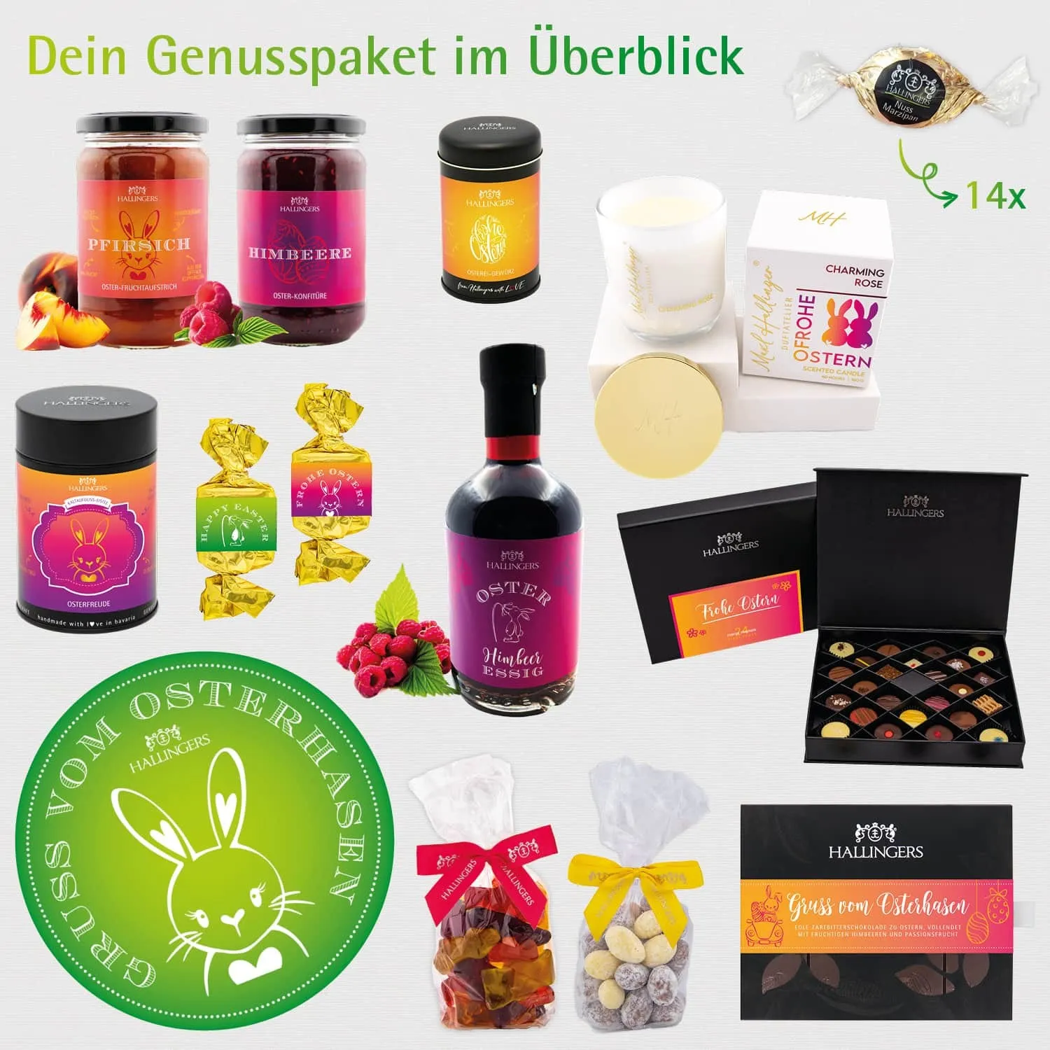Gruß vom Osterhasen orange (großer Ostergruß Ostereier, Essig, Nougat, Eistee Konfitüre & viel mehr) - Feinkost-Set, XXL-Geschenkkorb Gourmet
