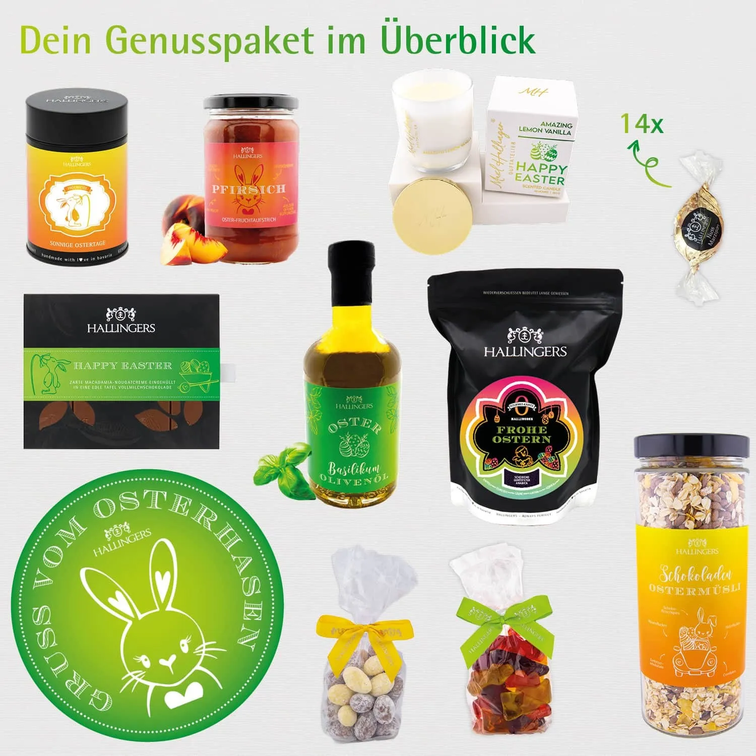 Gruß vom Osterhasen green (großer Ostergruß Ostereier, Müsli, Kaffee, Konfitüre, Olivenöl & mehr) - Feinkost-Set, XXL-Geschenkkorb Gourmet