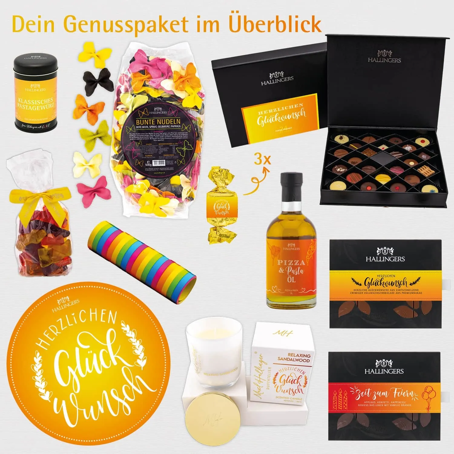 Herzlichen Glückwunsch (großer Glückwunsch Bunte Nudeln, Öl, Gewürz, Pralinen, Nougat & mehr) - Feinkost-Set, XXL-Geschenkkorb Gourmet