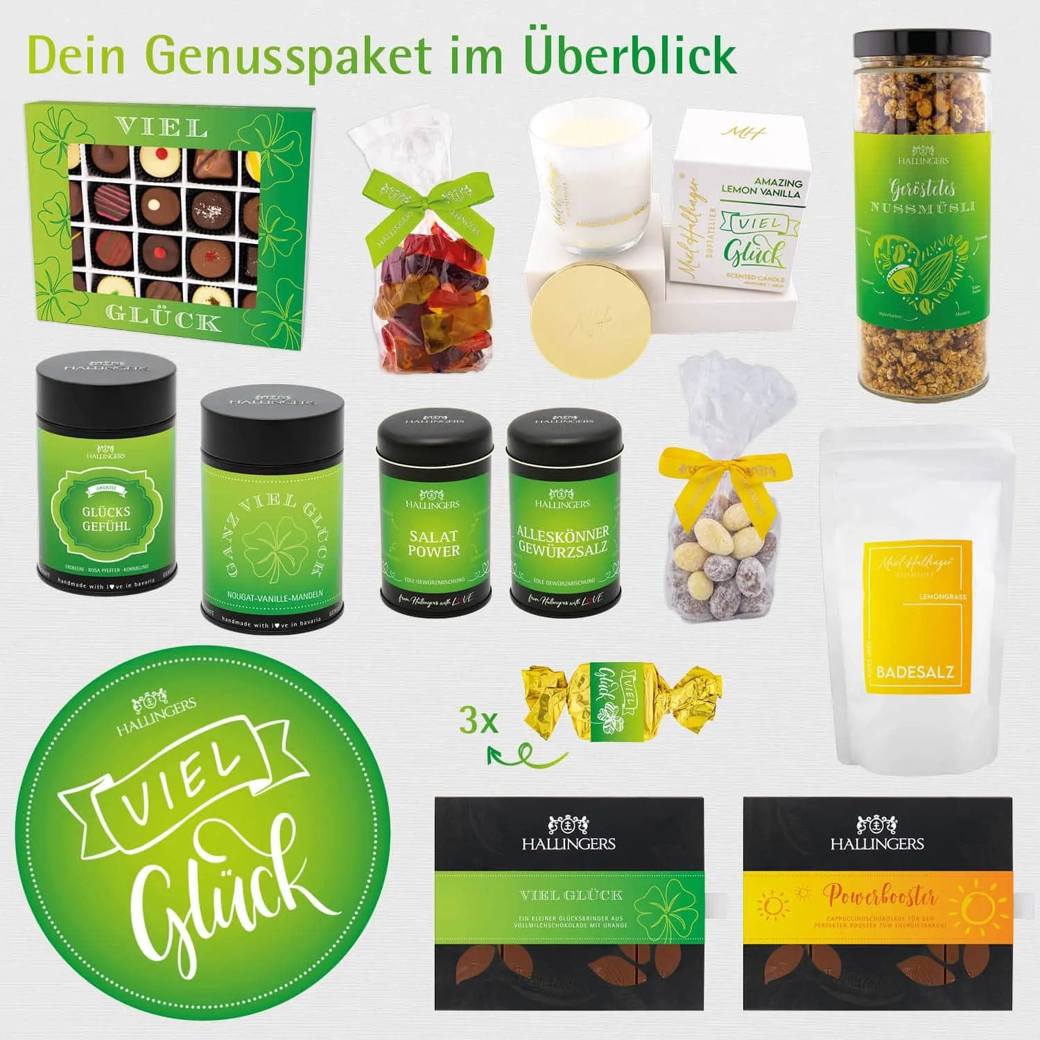 Viel Glück (großer Glücksgruß Pralinen, Tee, Nougat, Schoki, Duftkerze Müsli & mehr) - Feinkost-Set, XXL-Geschenkkorb Gourmet