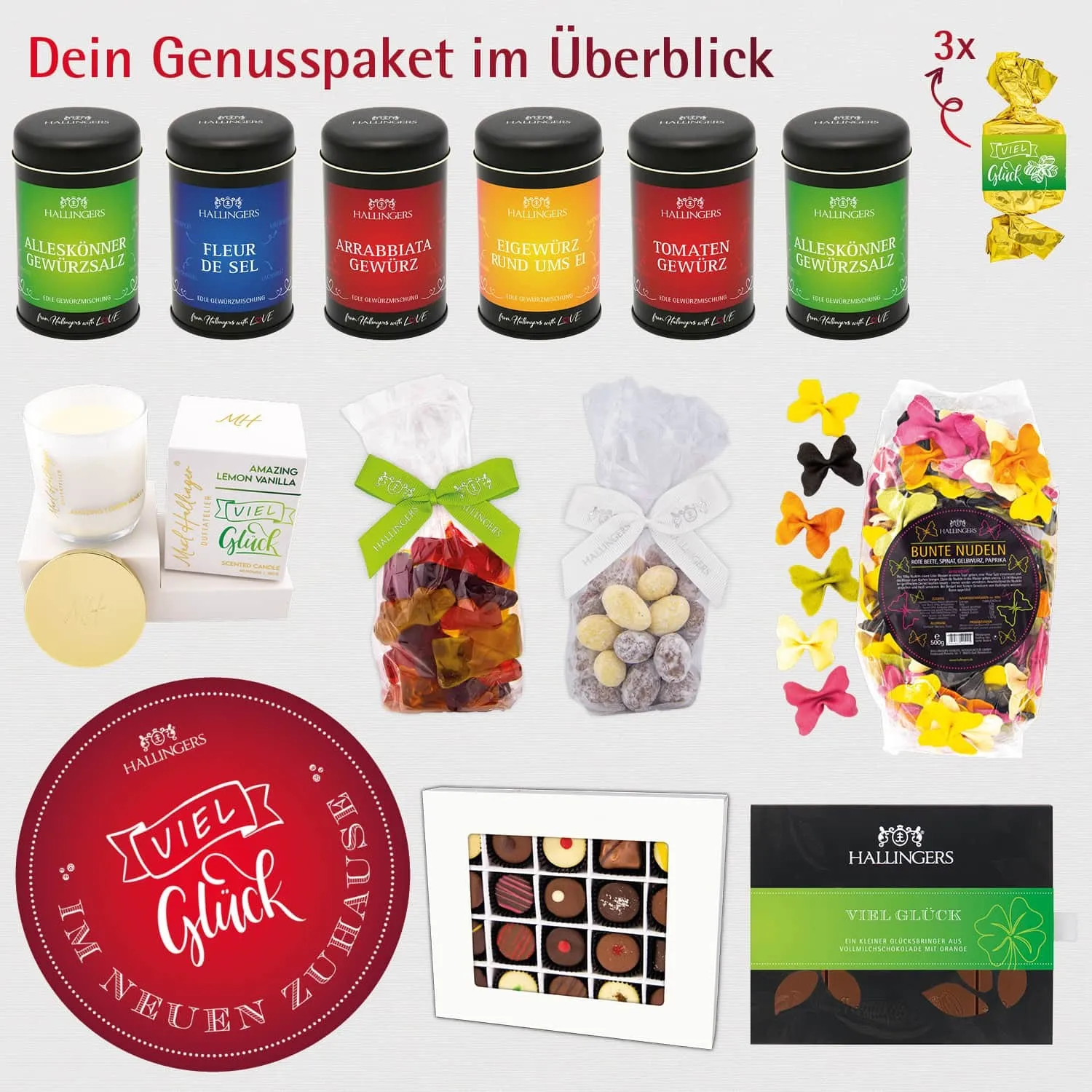 Viel Glück im neuen Zuhause (großer Glücksgruß Gewürz, Nougat, Busserl Pralinen Duftkerze & mehr) - Feinkost-Set, XXL-Geschenkkorb Gourmet