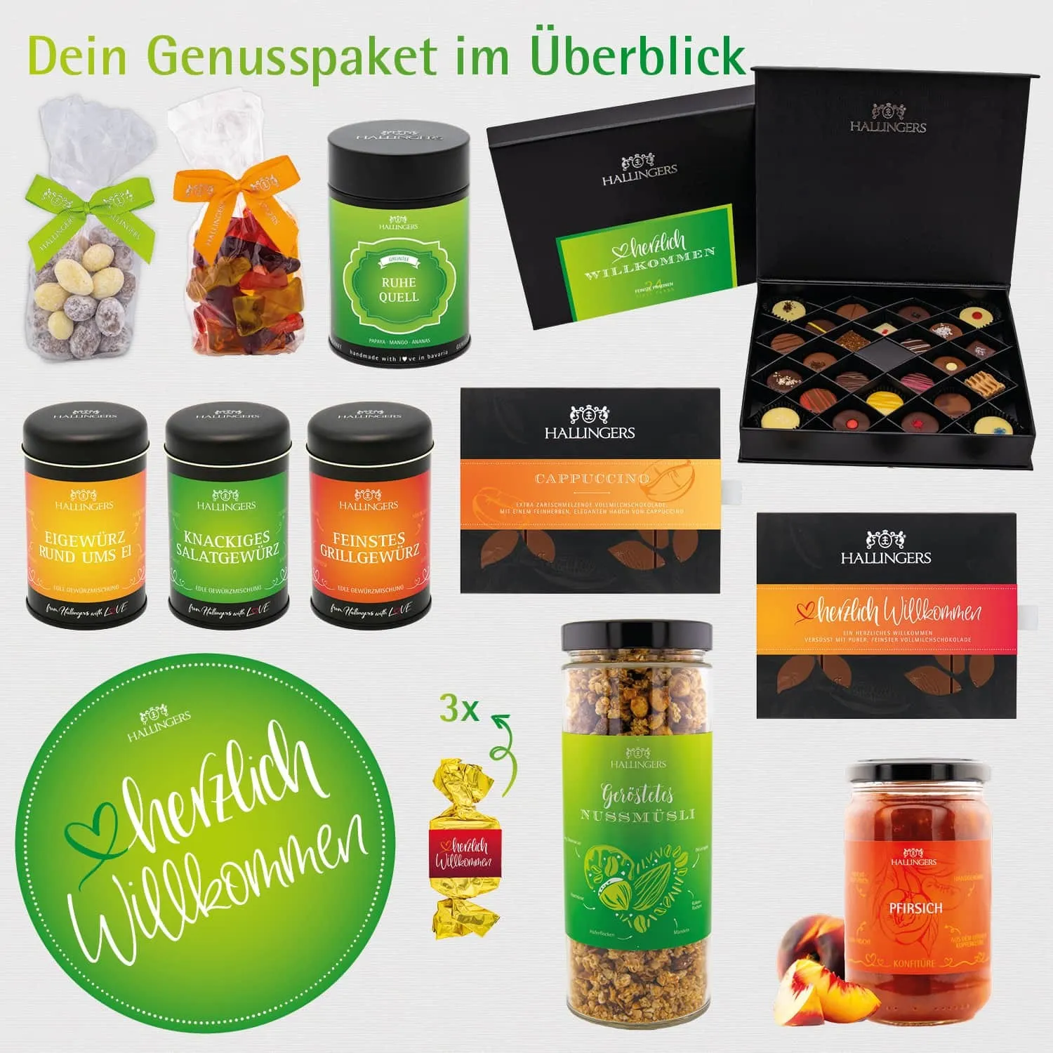 Herzlich Willkommen (großer Willkommensgruß Pralinen Nougat Konfitüre Gewürz Müsli & mehr) - Feinkost-Set, XXL-Geschenkkorb Gourmet