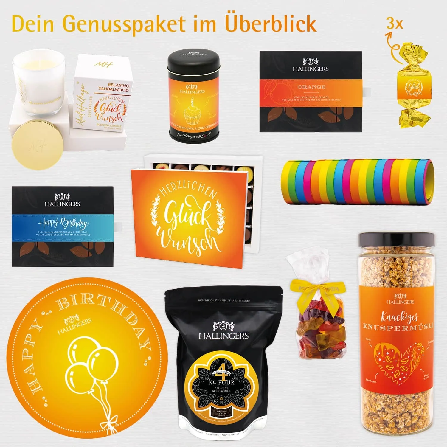 Happy birthday yellow (großer Geburtstagsgruß Schoki, Pralinen, Duftkerze, Müsli, Kaffee & mehr) - Feinkost-Set, XXL-Geschenkkorb Gourmet