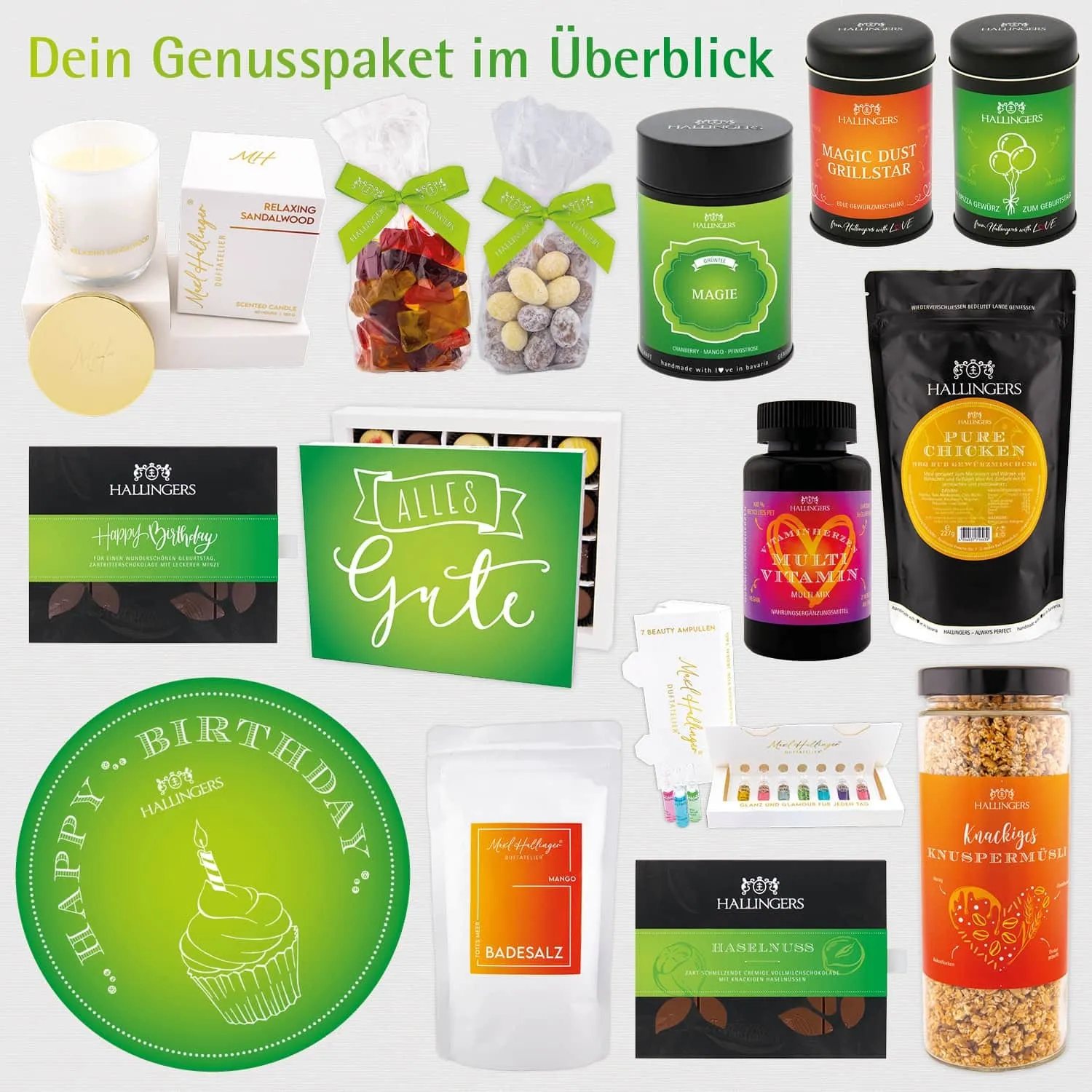 Happy birthday green (großer Geburtstagsgruß Serum, Müsli, Gummies, Pralinen, Rub Nougat & mehr) - Feinkost-Set, XXL-Geschenkkorb Gourmet