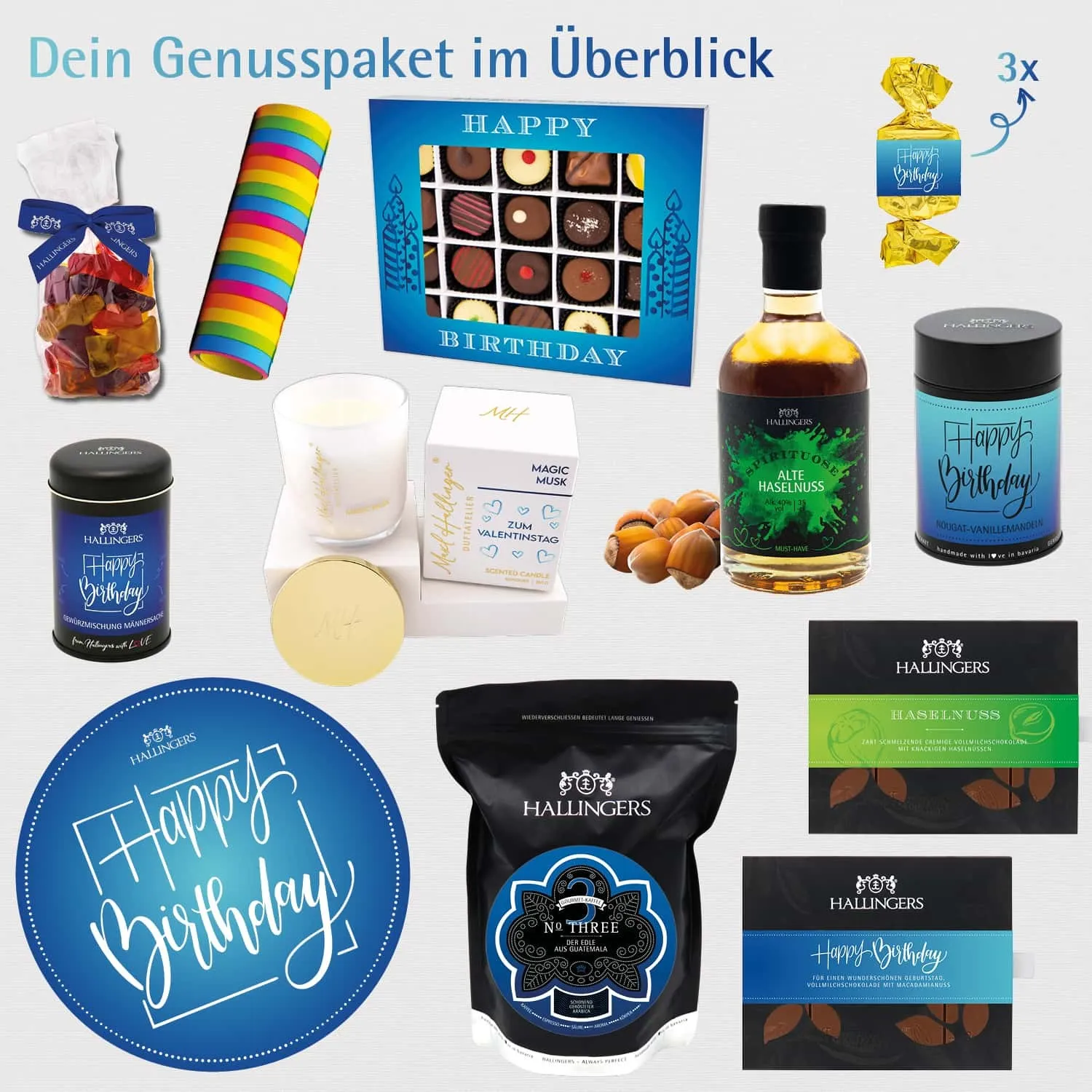 Happy birthday blue (großer Geburtstagsgruß Pralinen, Nougat, Kaffee, Gewürz, Likör & viel mehr) - Feinkost-Set, XXL-Geschenkkorb Gourmet