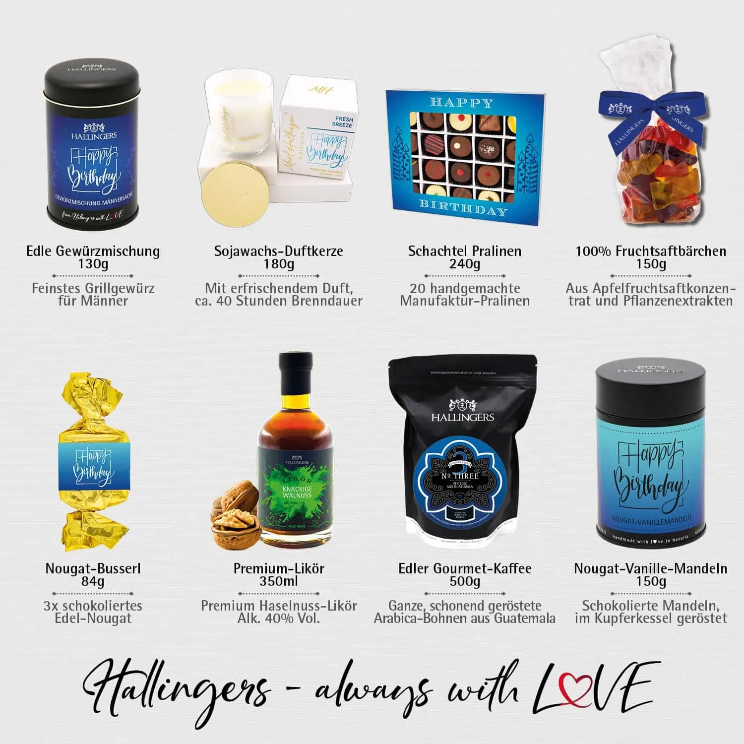 Happy birthday blue (großer Geburtstagsgruß Pralinen, Nougat, Kaffee, Gewürz, Likör & viel mehr) - Feinkost-Set, XXL-Geschenkkorb Gourmet