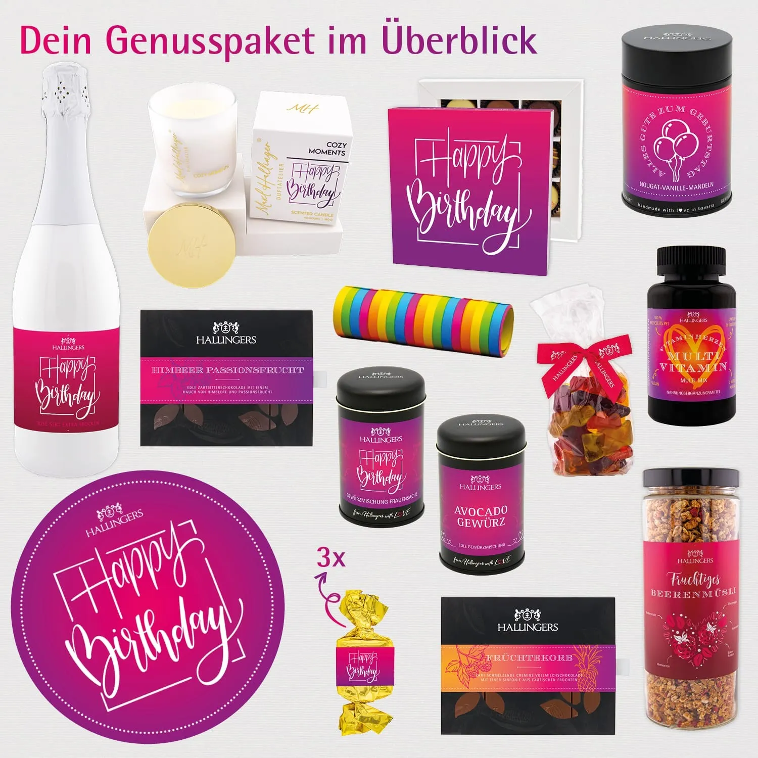 Happy birthday pink (großer Geburtstagsgruß Sekt, Pralinen, Nougat, Müsli Duftkerze & viel mehr) - Feinkost-Set, XXL-Geschenkkorb Gourmet