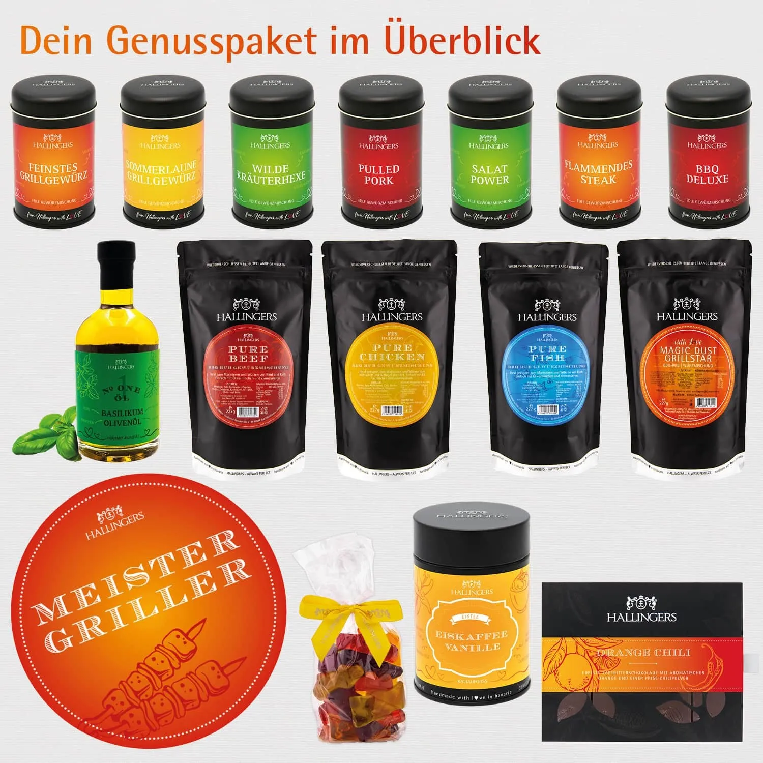 Meistergriller (großes Grillparty-Mitbringsel Gewürz, Olivenöl, Rub, Schoki, Eistee & mehr) - Feinkost-Set, XXL-Geschenkkorb Gourmet