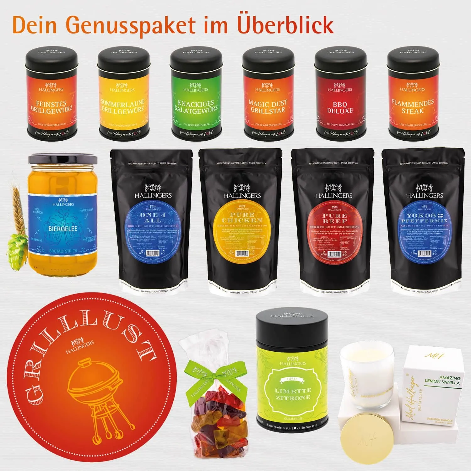 Grilllust (großes Grillparty-Mitbringsel Gewürz, Rub, Biergelée, Eistee, Kerze & mehr) - Feinkost-Set, XXL-Geschenkkorb Gourmet