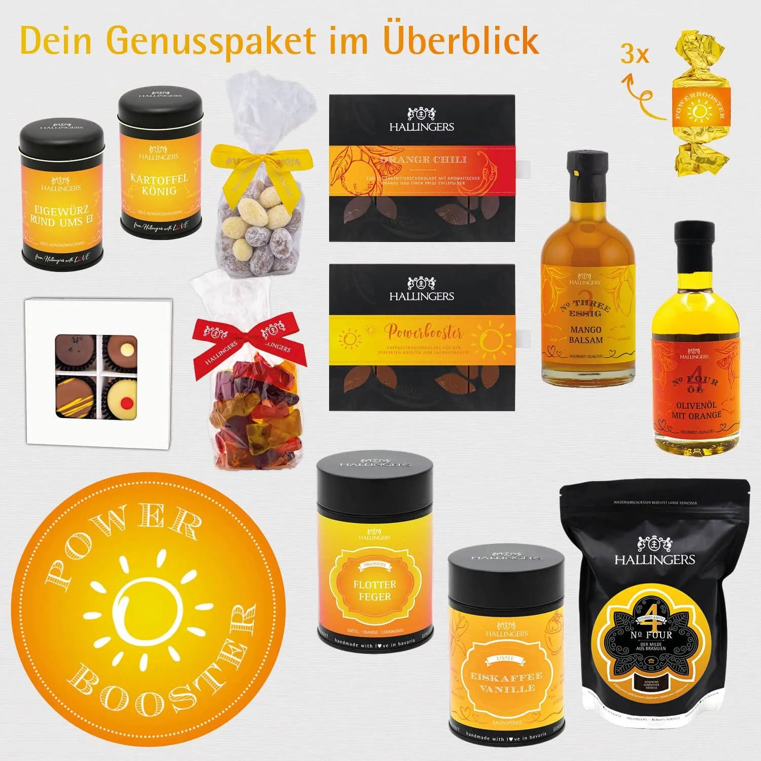 Power Booster (großer Powergruß Öl, Essig, Kaffee, Eistee, Nougat, Pralinen, Schoki & mehr) - Feinkost-Set, XXL-Geschenkkorb Gourmet