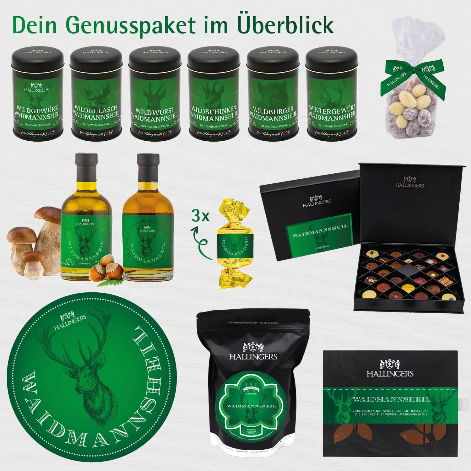 Waidmannsheil (großer Jägergruß Likör, Öl, Nougat, Schoki, Kaffee, Wildgewürze & mehr) - Feinkost-Set, XXL-Geschenkkorb Gourmet