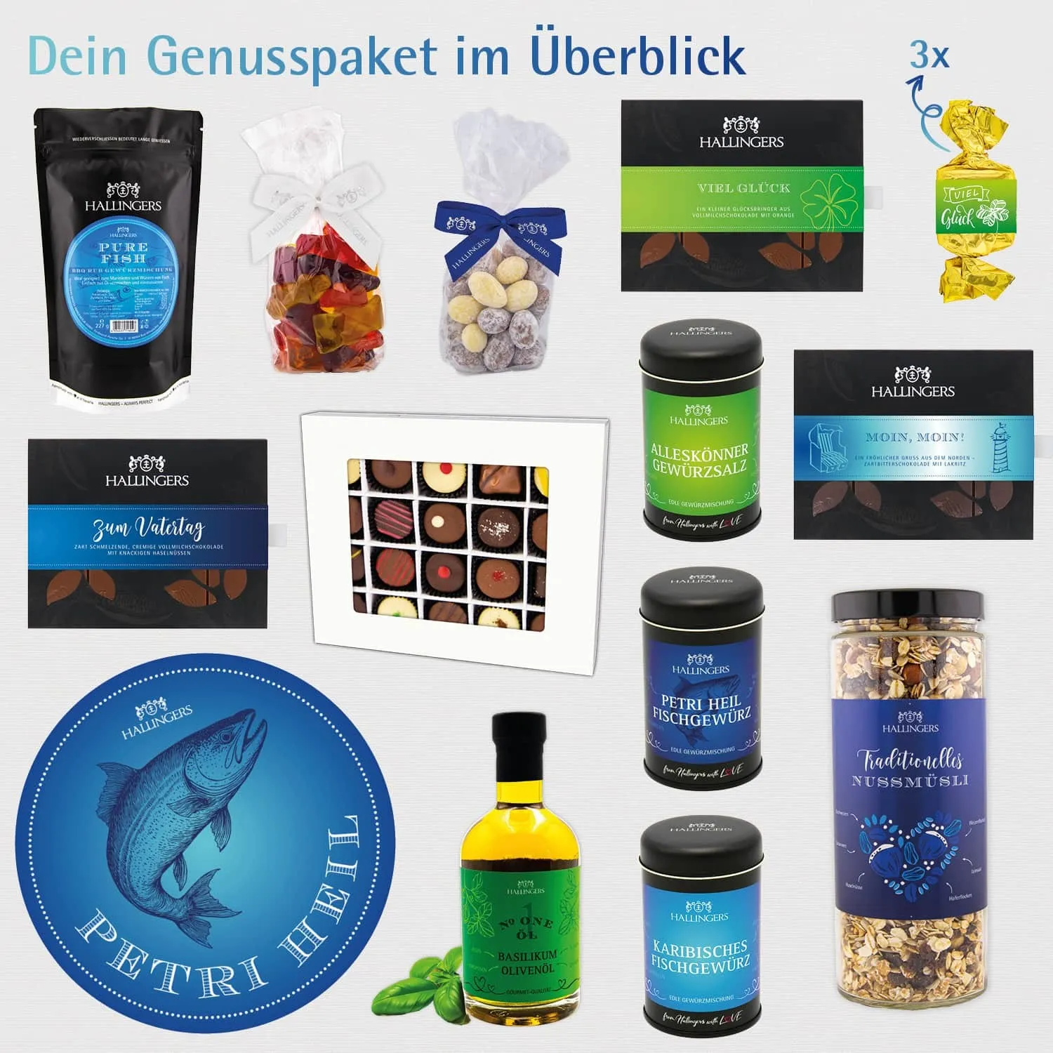Petri Heil (großer Fischergruß Fisch-Rub, Öl, Gewürze, Nougat, Pralinen, Schoki & mehr) - Feinkost-Set, XXL-Geschenkkorb Gourmet