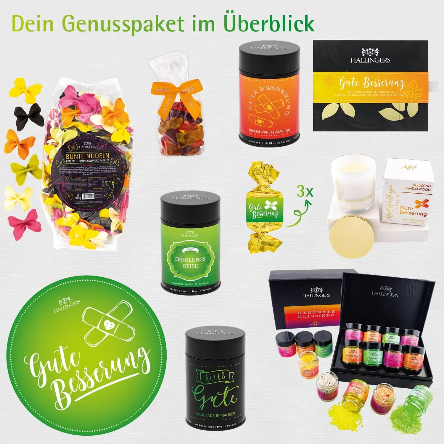 Gute Besserung (großer Genesungsgruß Bunte Nudeln, Tee, Pralien, Badezusatz, Nougat & mehr) - Feinkost-Set, XXL-Geschenkkorb Gourmet