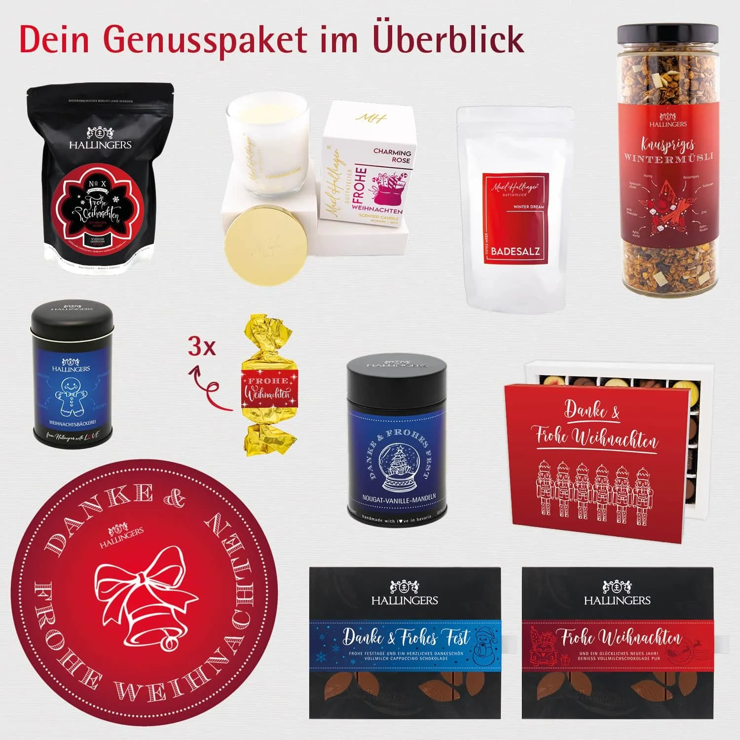 Danke & Frohe Weihnachten (große Selektion Nougat, Müsli, Badesalz, Kerze, Schoki Kaffee & mehr) - Feinkost-Set, XXL-Geschenkkorb Gourmet