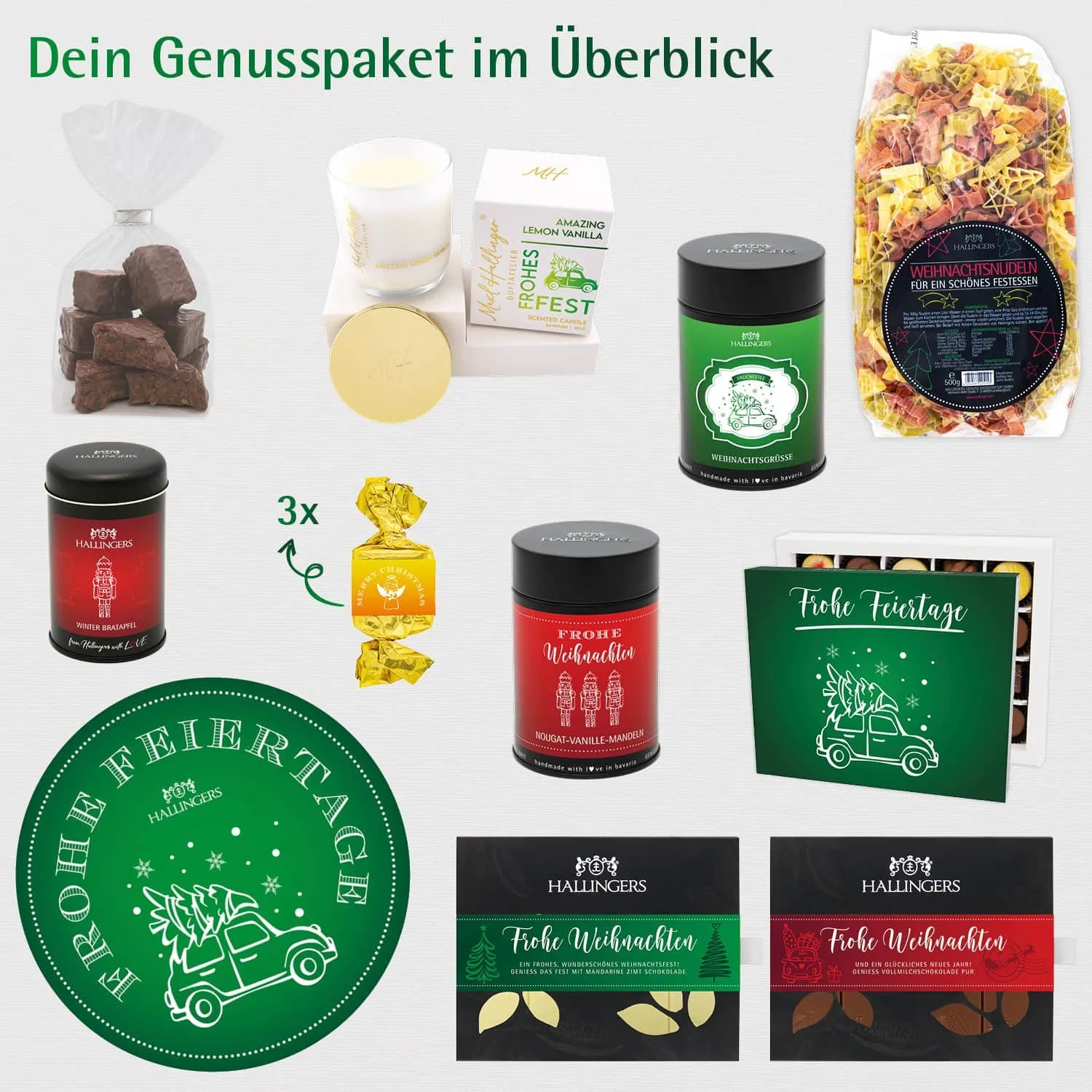 Frohe Feiertage (große Selektion Pralinen, Nougat, Tee, Duftkerze, Pasta, Lebkuchen & mehr) - Feinkost-Set, XXL-Geschenkkorb Gourmet