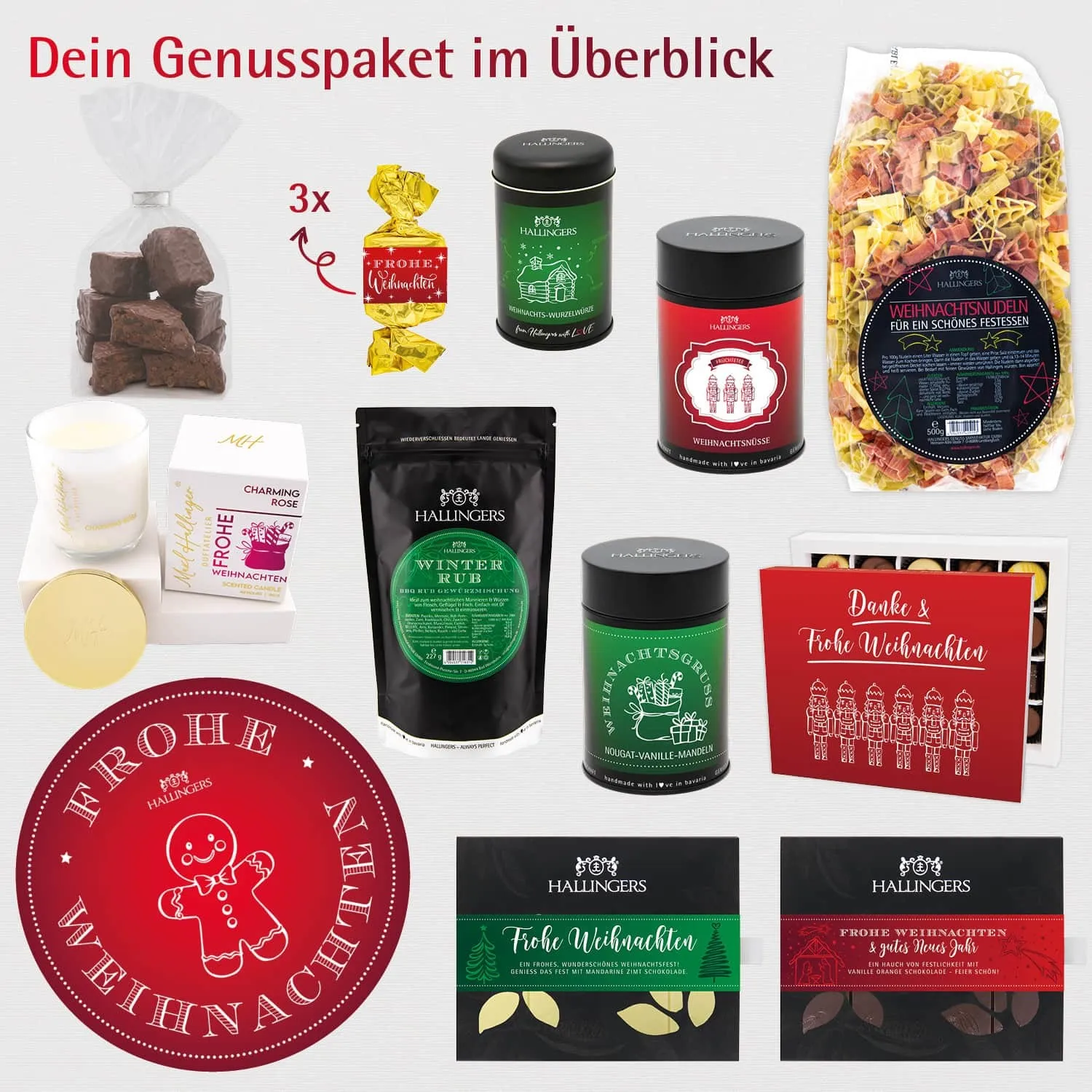 Frohe Weihnachten (große Selektion Pralinen, Pasta, Lebkuchen, Nougat, Duftkerze, Tee & mehr) - Feinkost-Set, XXL-Geschenkkorb Gourmet