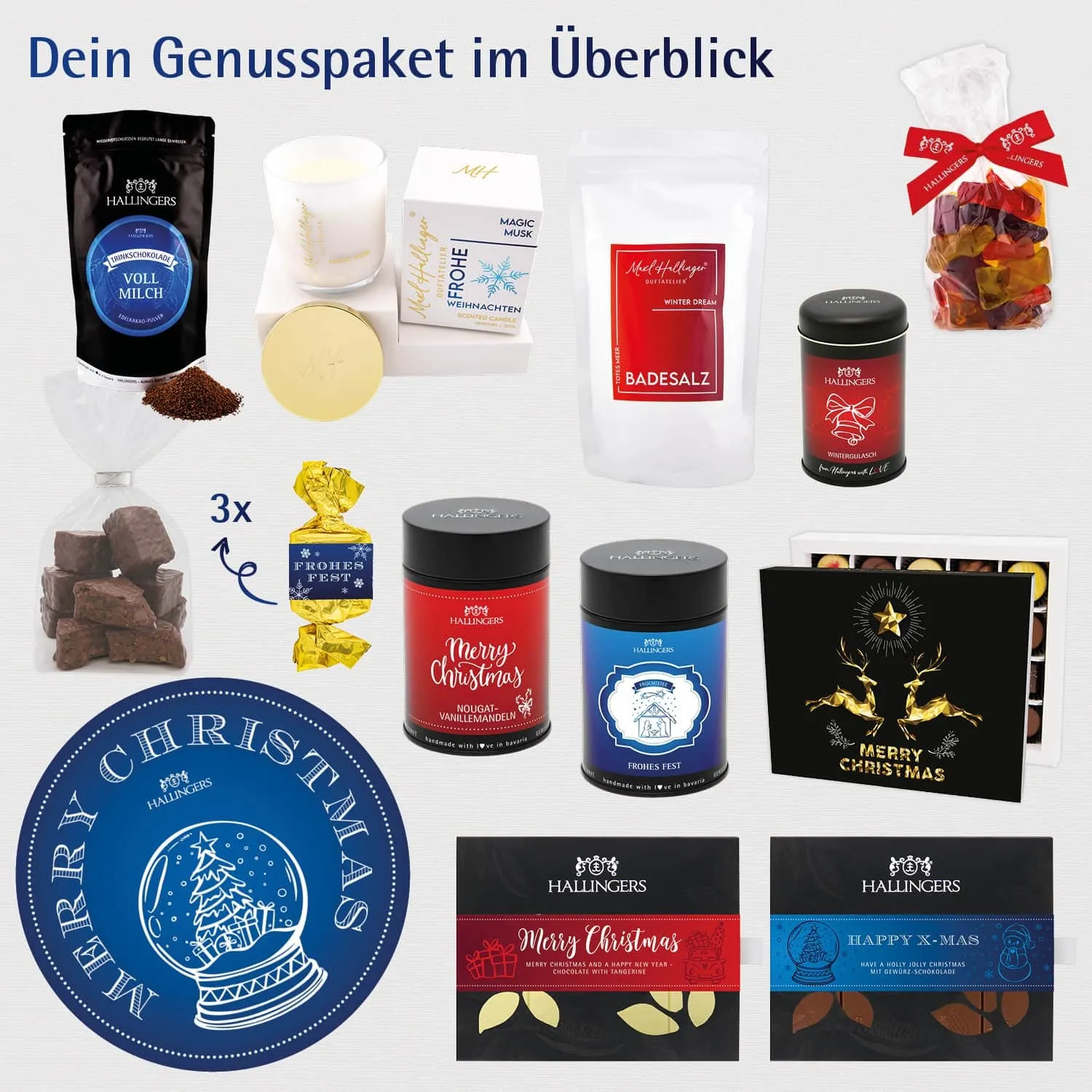Merry Christmas (große Selektion Pralinen Lebkuchen Gewürz Nougat Badezusatz & mehr) - Feinkost-Set, XXL-Geschenkkorb Gourmet