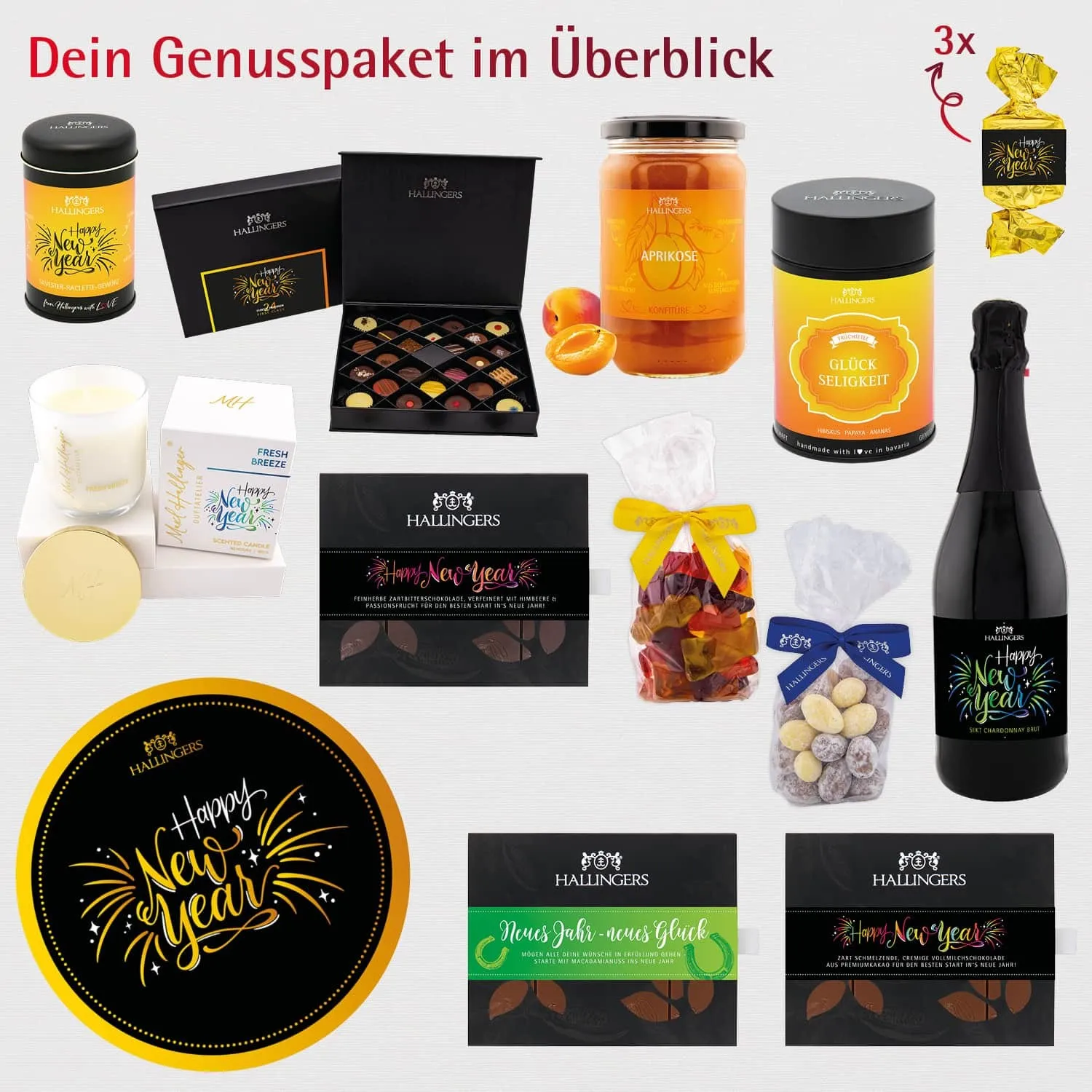 Happy New Year (große Selektion Sekt, Konfitüre, Duftkerze, Nougat, Schoki, Pralinen & mehr) - Feinkost-Set, XXL-Geschenkkorb Gourmet